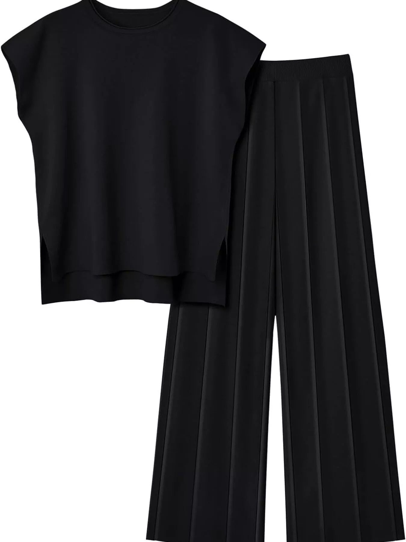 Casual Solid Color Cap Sleeve Top and Pants Knit Set - Salt & Stone