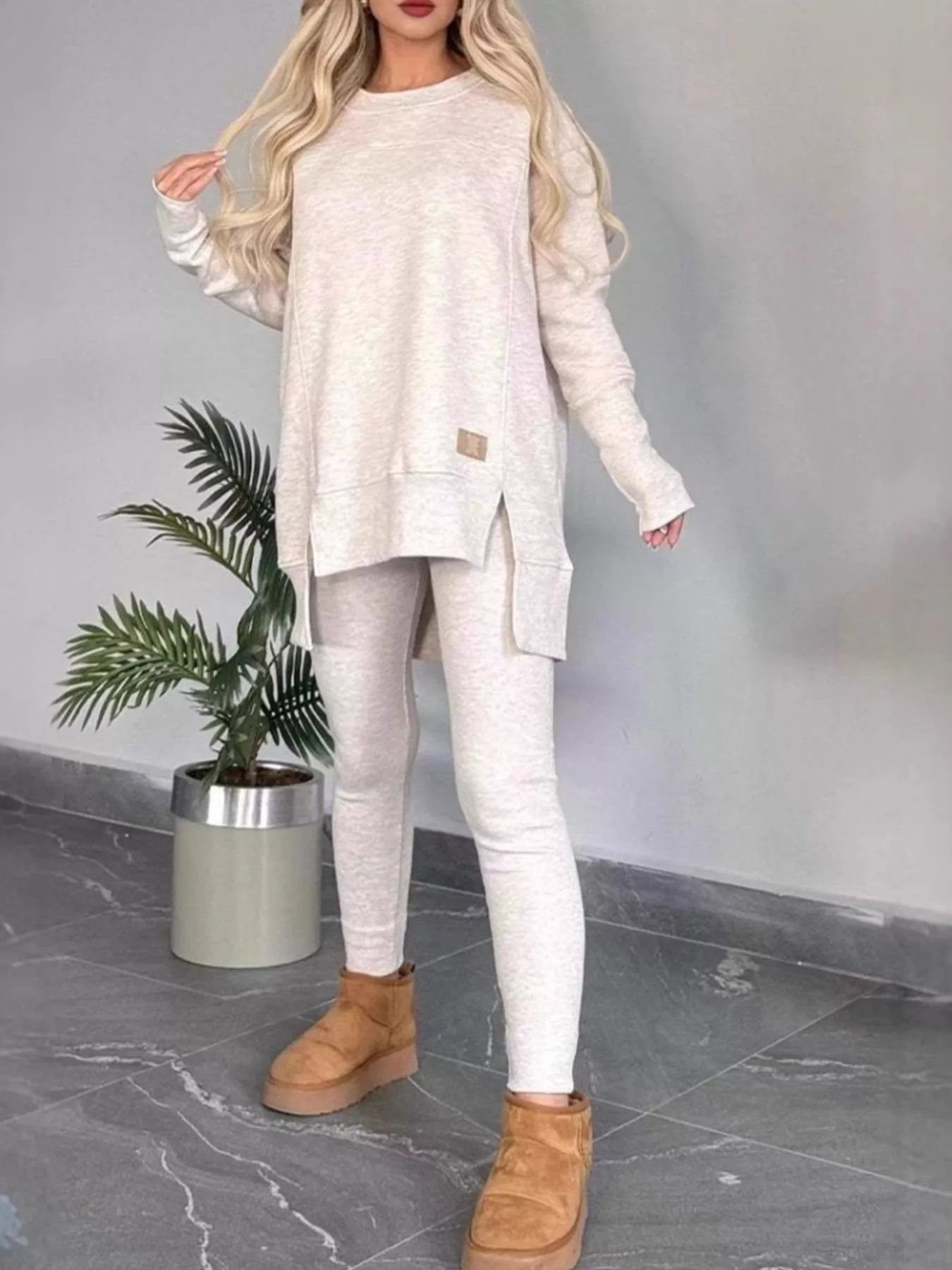 Full Size Slit Round Neck Top and Pants Set Plus Size - Salt & Stone