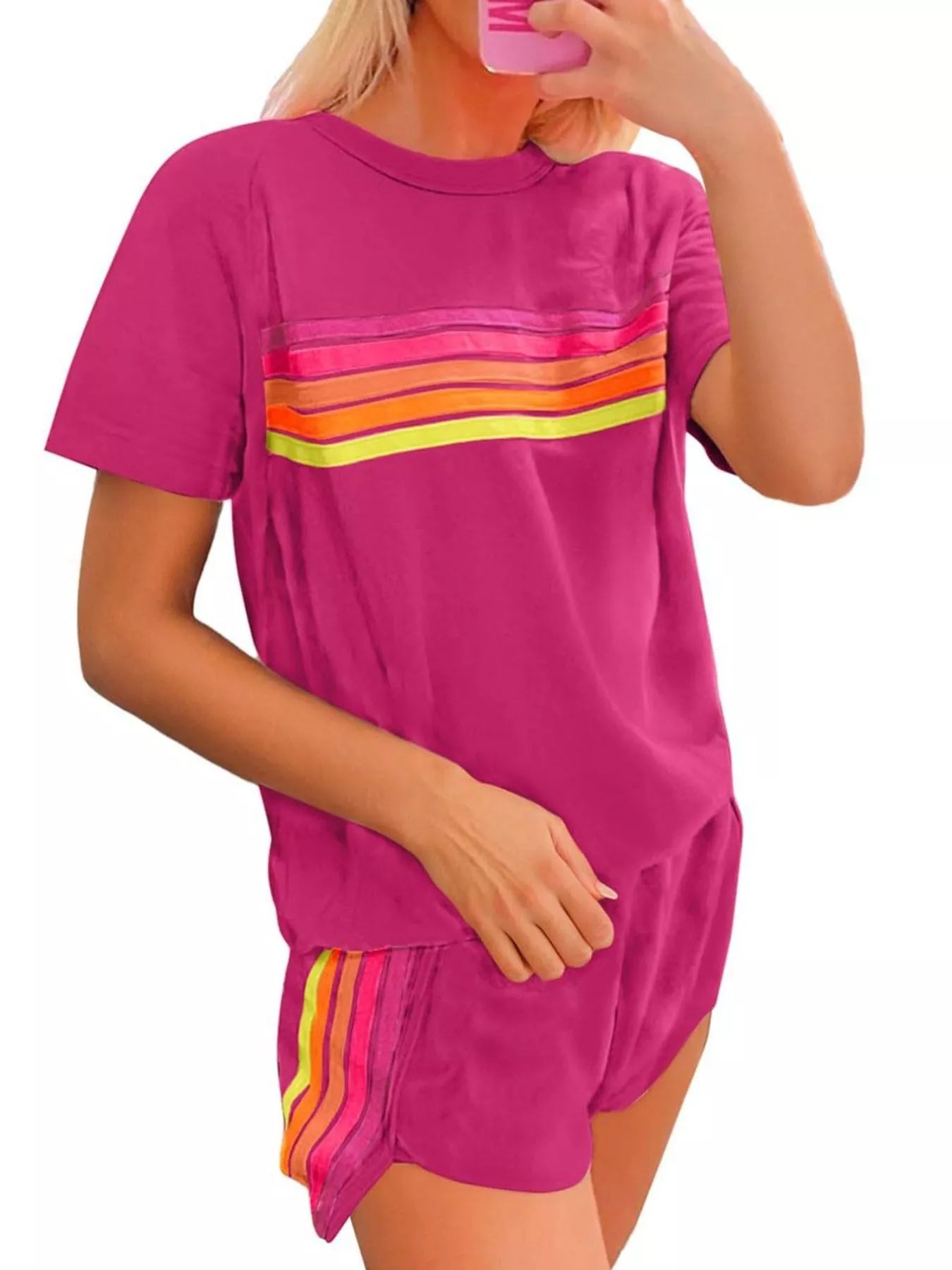 Rainbow Striped Round Neck Top and Shorts Set - Salt & Stone