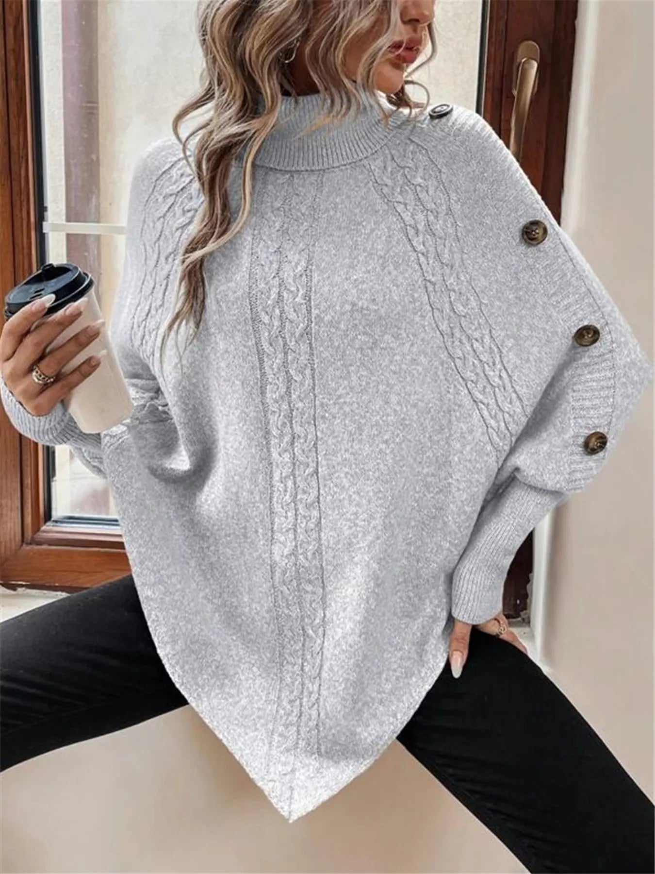 Cable Knit Turtleneck Cape Sweater - Salt & Stone