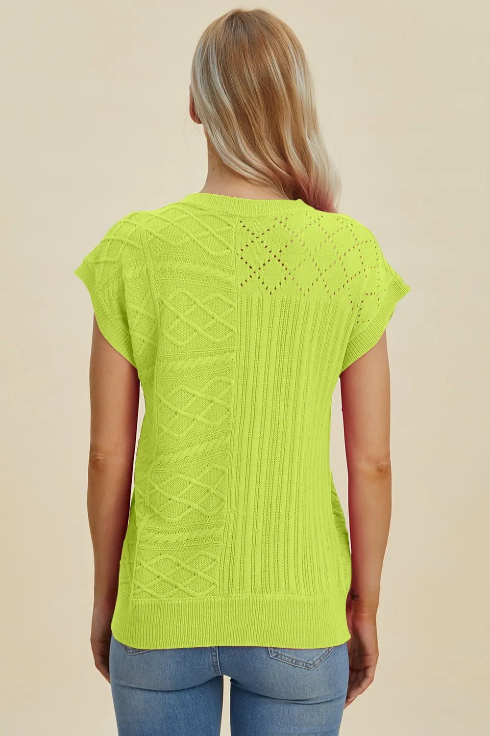 Double Take Full Size Cable - Knit Round Neck Cap Sleeve Sweater - Salt & Stone