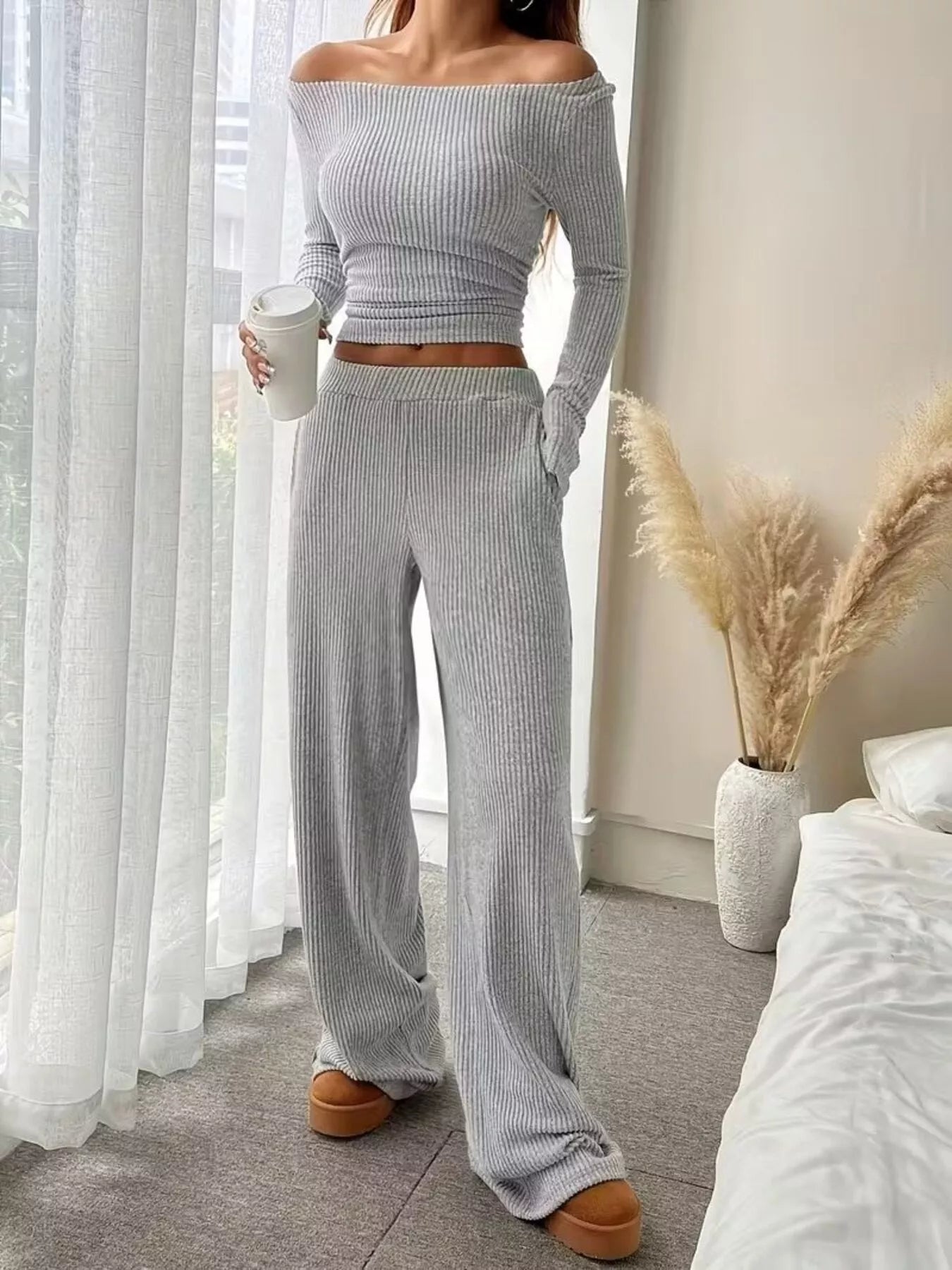 Ribbed Knit Boat Neck Top and Pants Set - Salt & Stone
