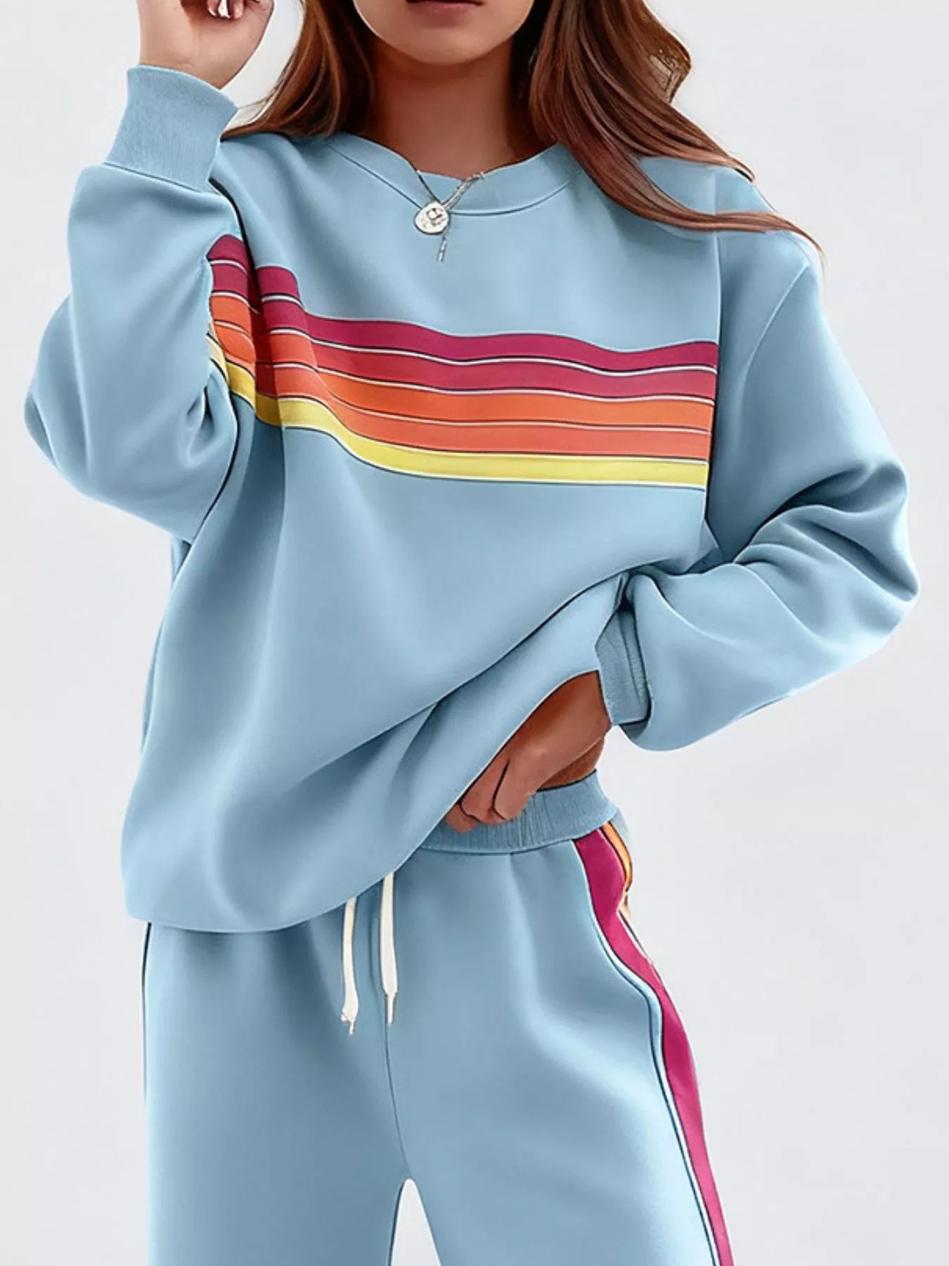 Striped Round Neck Sweatshirt and Pants Set - Salt & Stone