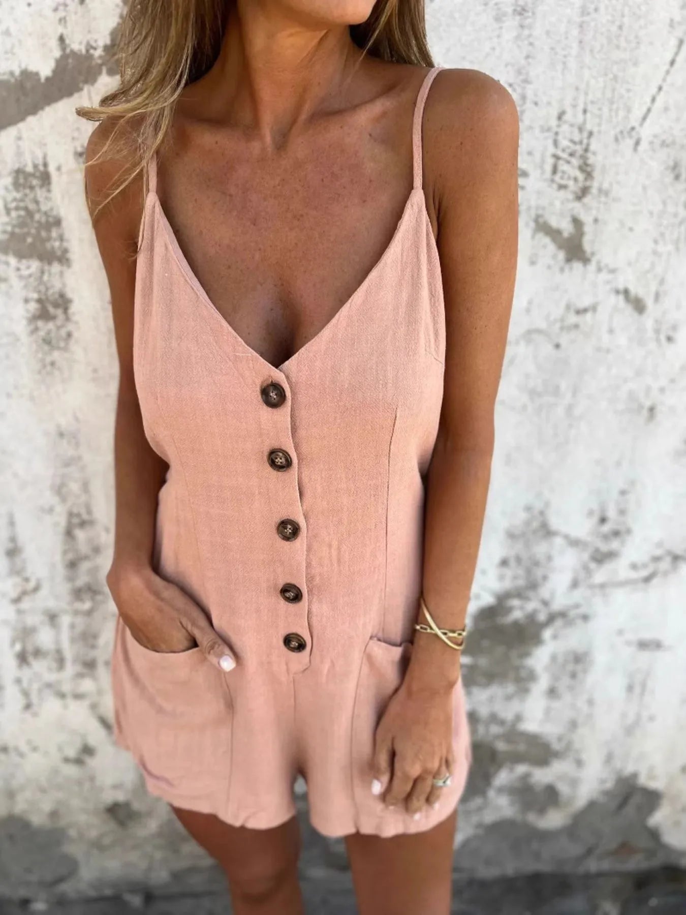 Full Size Button - Front Belted Cami Romper Plus Size - Salt & Stone