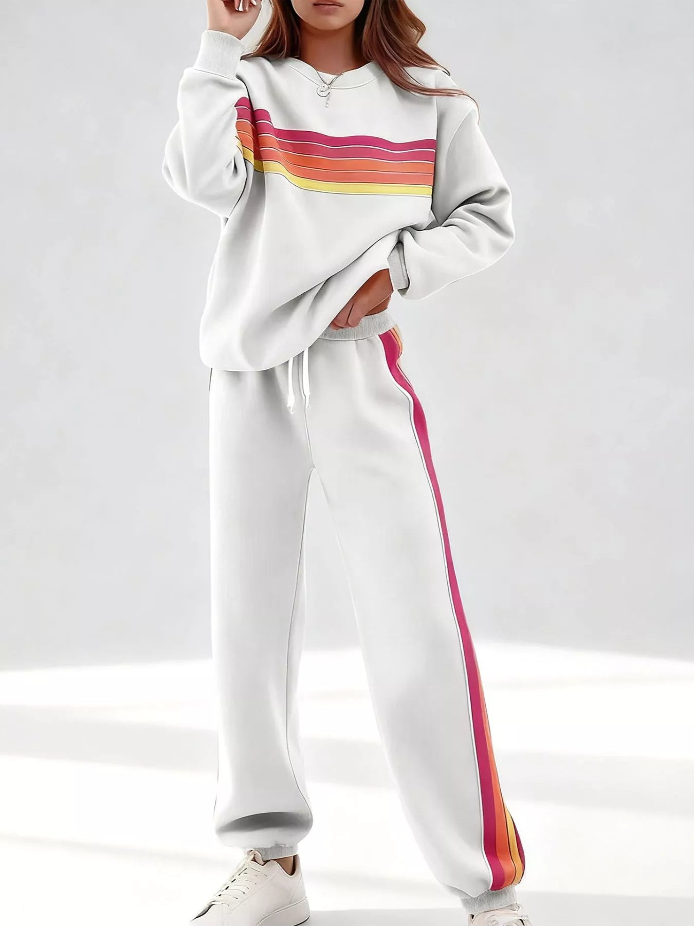 Striped Round Neck Sweatshirt and Pants Set - Salt & Stone