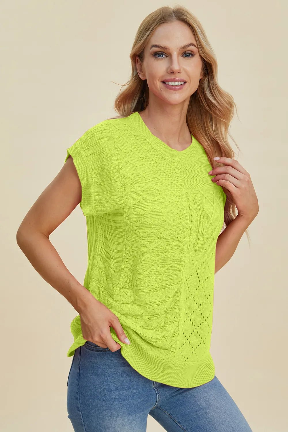 Double Take Full Size Cable - Knit Round Neck Cap Sleeve Sweater - Salt & Stone
