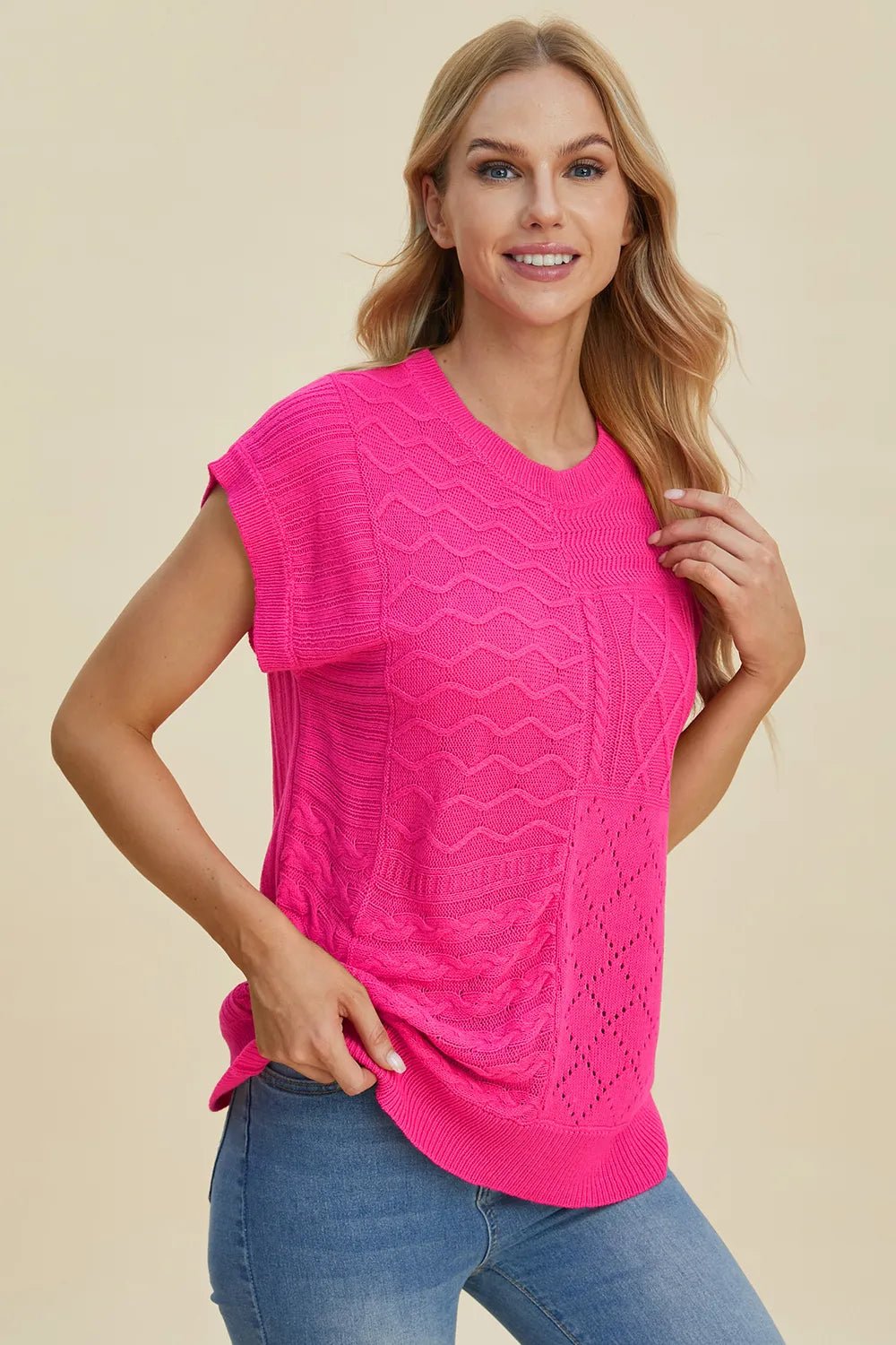 Double Take Full Size Cable - Knit Round Neck Cap Sleeve Sweater - Salt & Stone