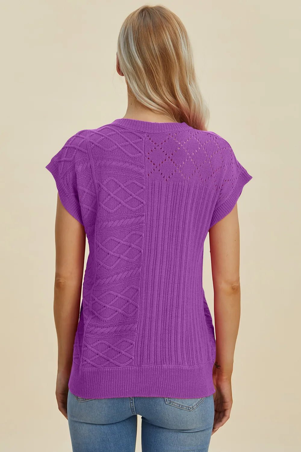 Double Take Full Size Cable - Knit Round Neck Cap Sleeve Sweater - Salt & Stone