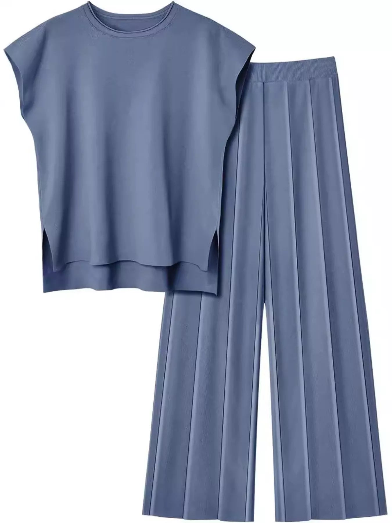 Casual Solid Color Cap Sleeve Top and Pants Knit Set - Salt & Stone