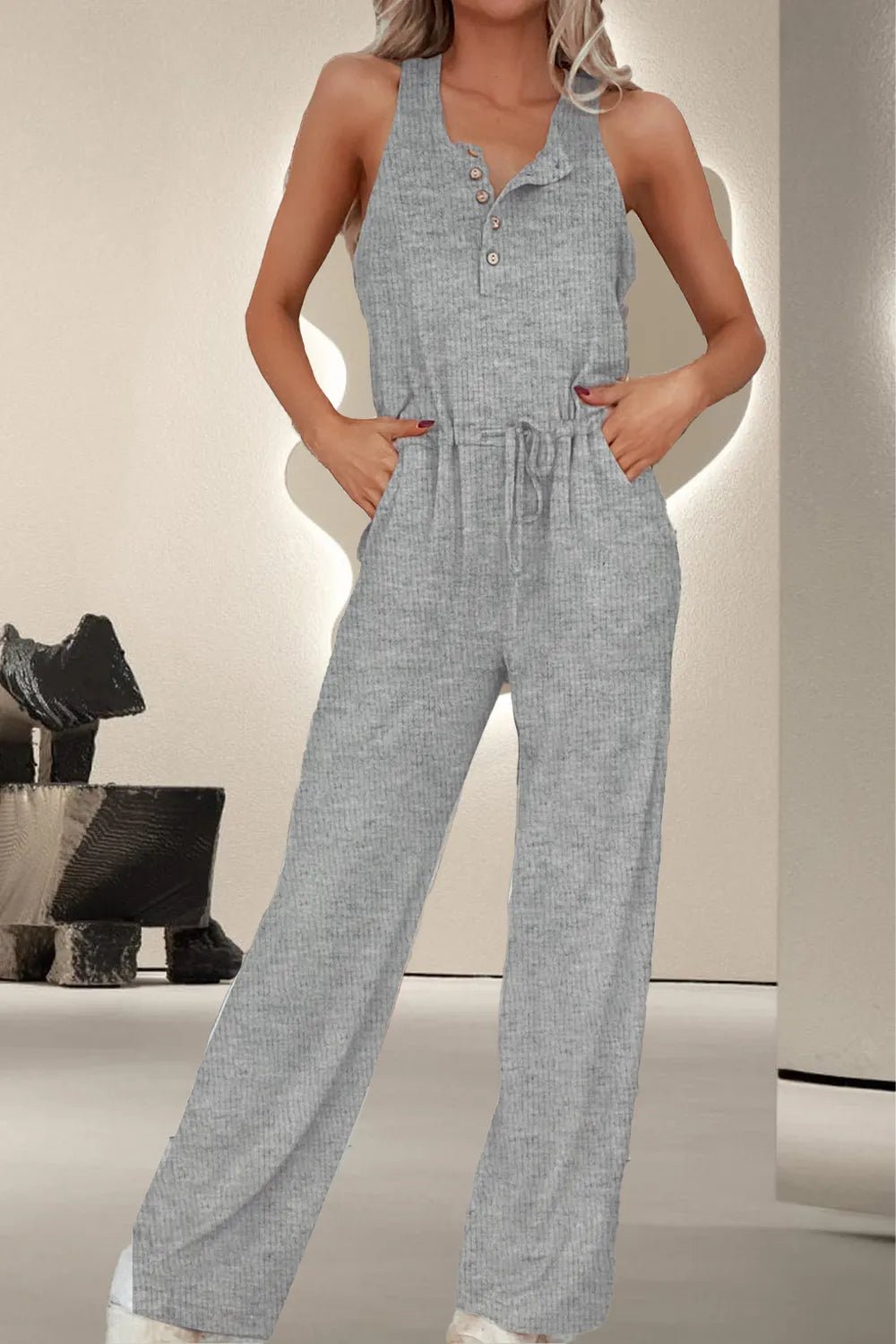 Drawstring Quarter Button Wide Strap Jumpsuit - Salt & Stone