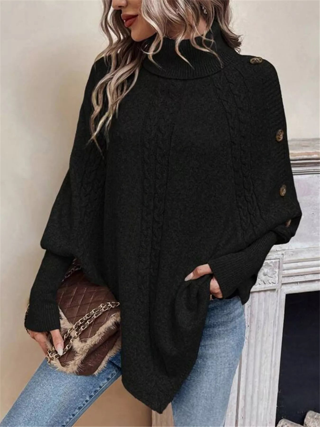 Cable Knit Turtleneck Cape Sweater - Salt & Stone