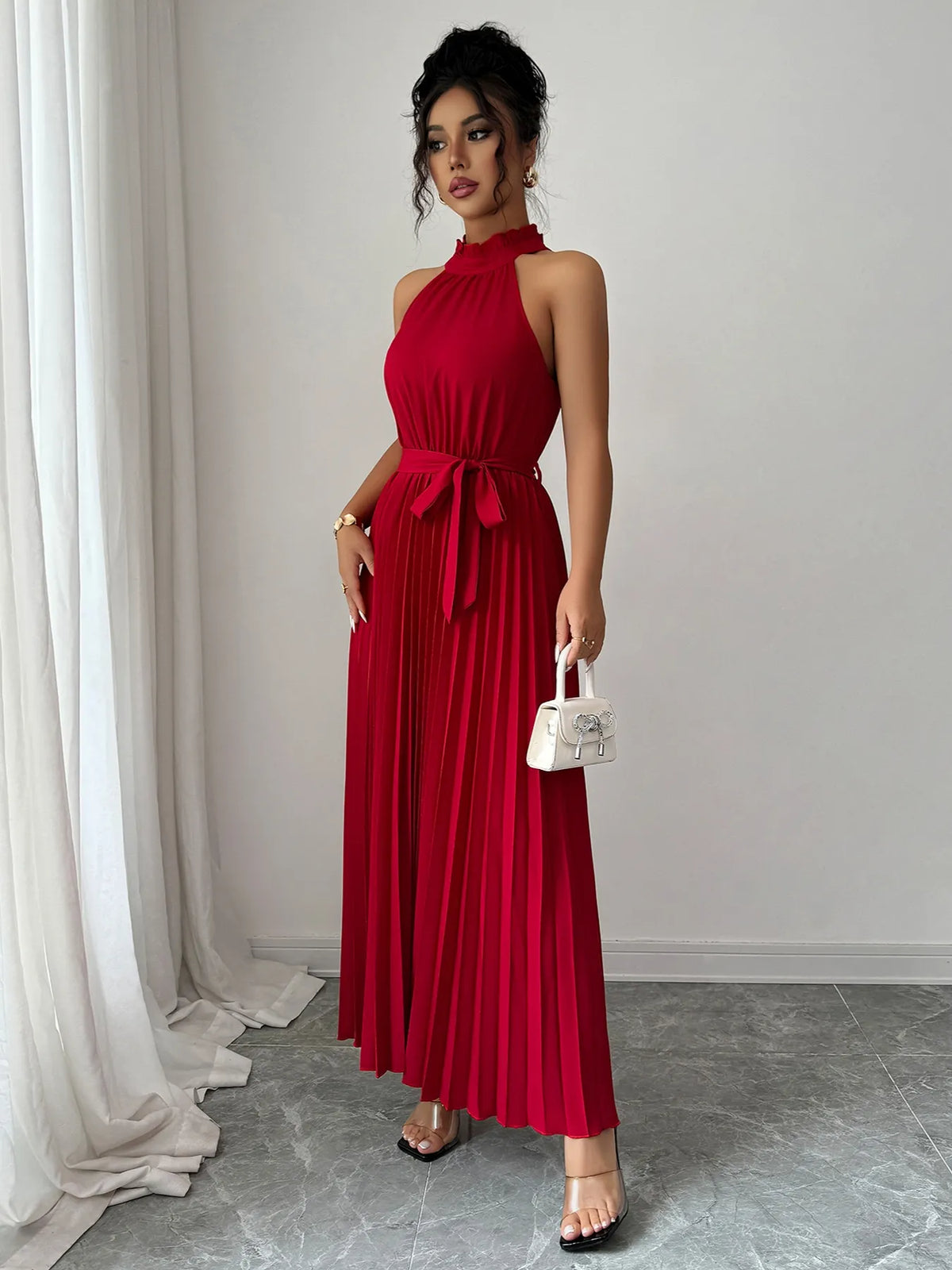 Pleated Halter Neck Tie Waist Maxi Dress - Salt & Stone