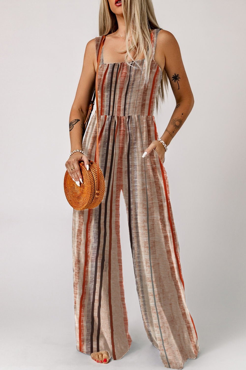 Stripe Square Neck Sleeveless Smocked Bodice Wide Leg Jumpsuit - Salt & Stone