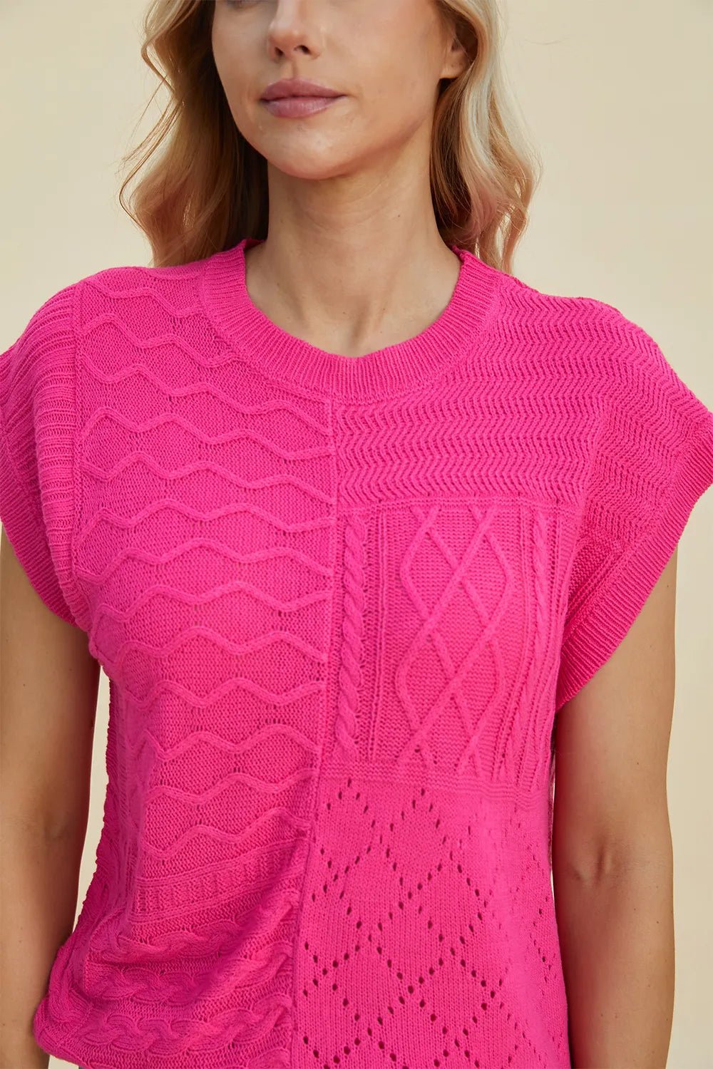 Double Take Full Size Cable - Knit Round Neck Cap Sleeve Sweater - Salt & Stone