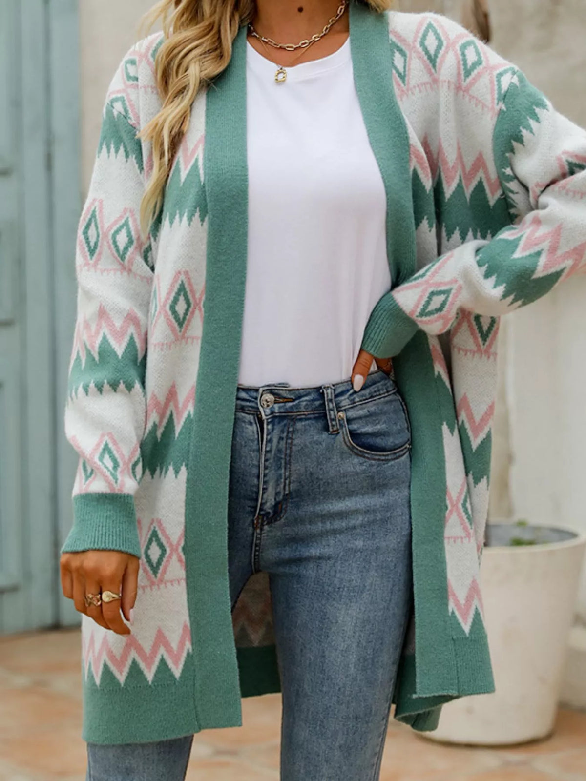 Geometric Pattern Open Front Cardigan - Salt & Stone