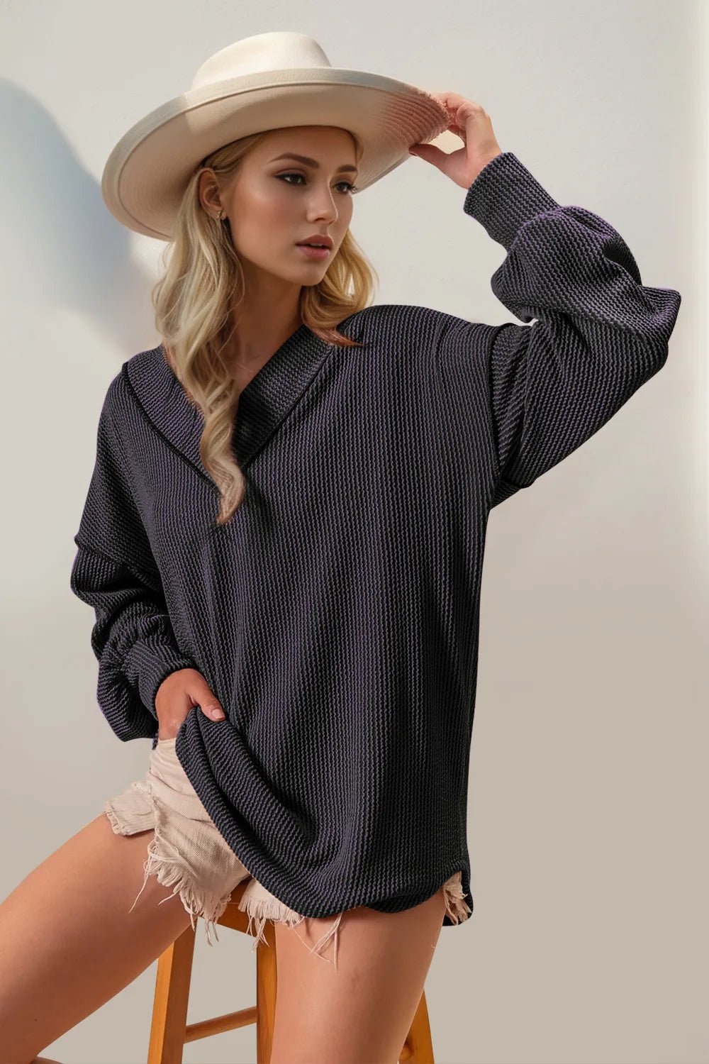 Double Take Exposed Seam Ribbed Textured V - Neck Long Sleeve T-Shirt - Salt & Stone