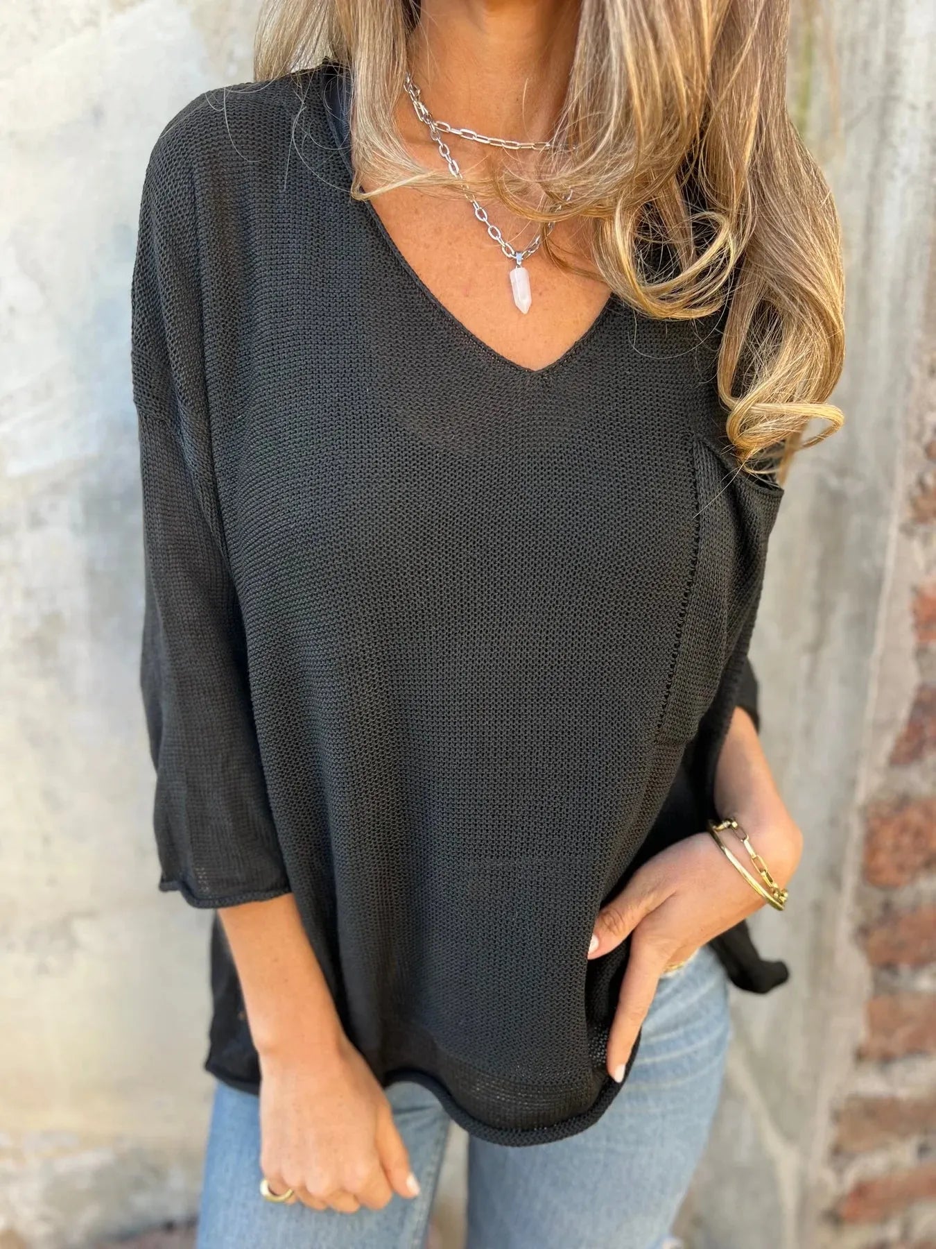 Full Size Casual V - Neck Knit Sweater Plus Size - Salt & Stone