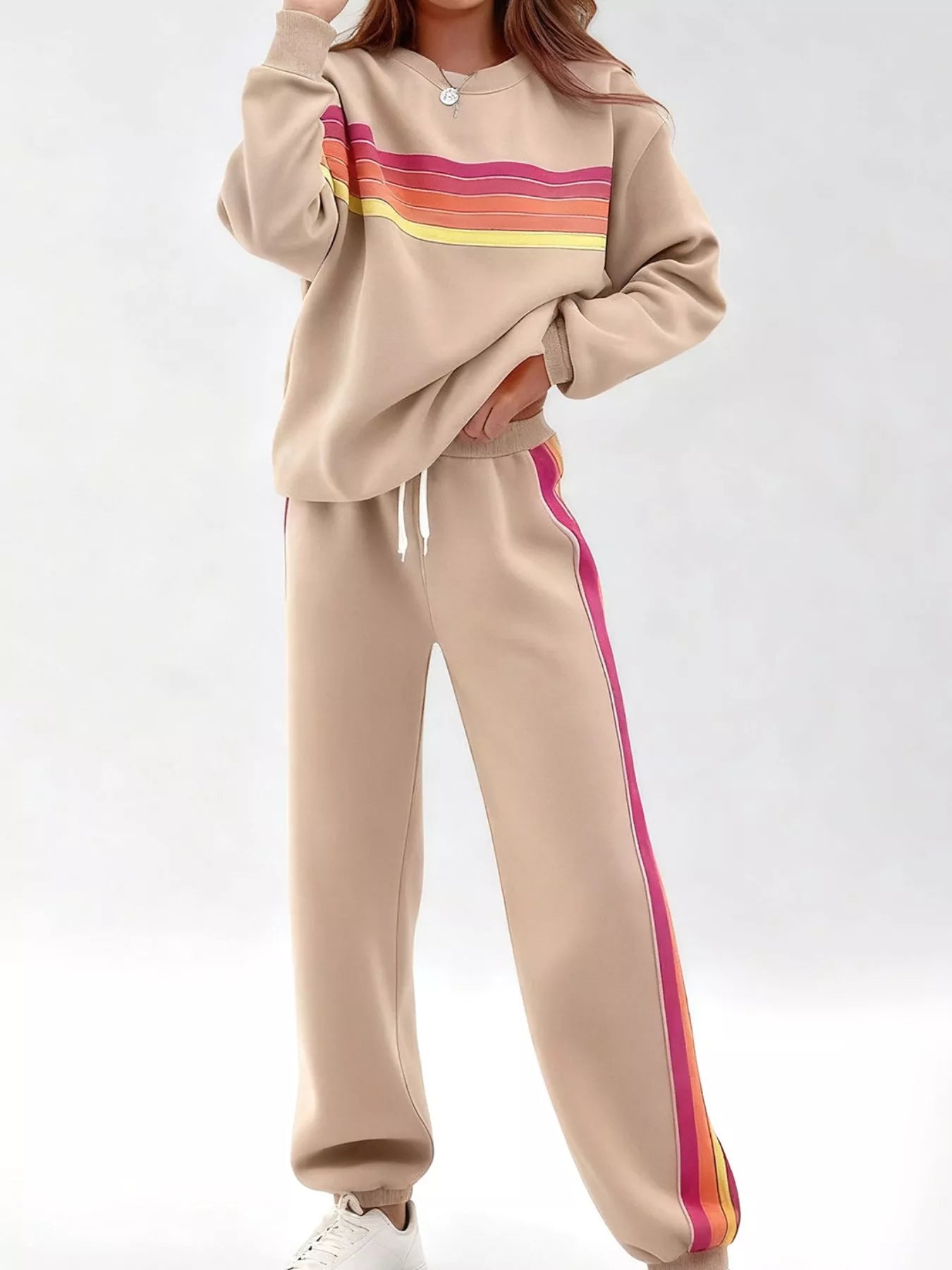 Striped Round Neck Sweatshirt and Pants Set - Salt & Stone