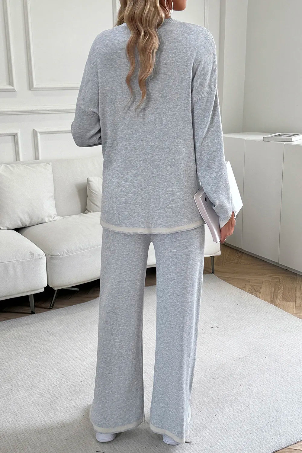 Devine Contrast Trim Round Neck Top and Pants Set - Salt & Stone