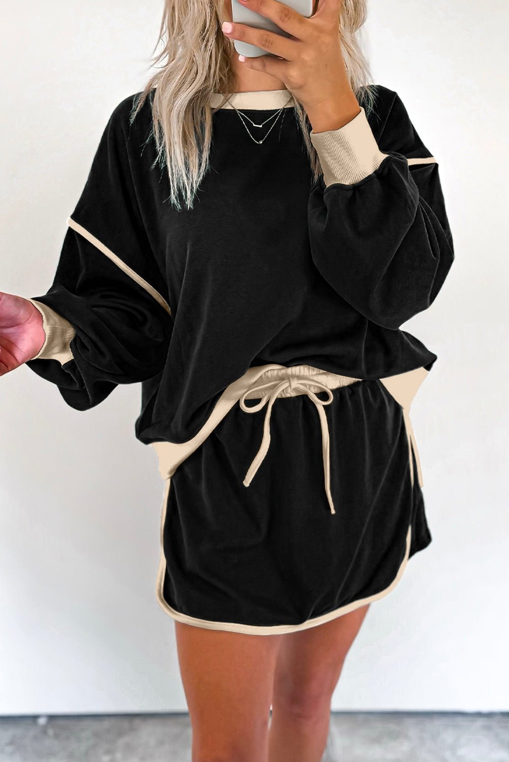 Black Color Contrast Loose Pullover and Lace - up Waist Skort Set - Salt & Stone