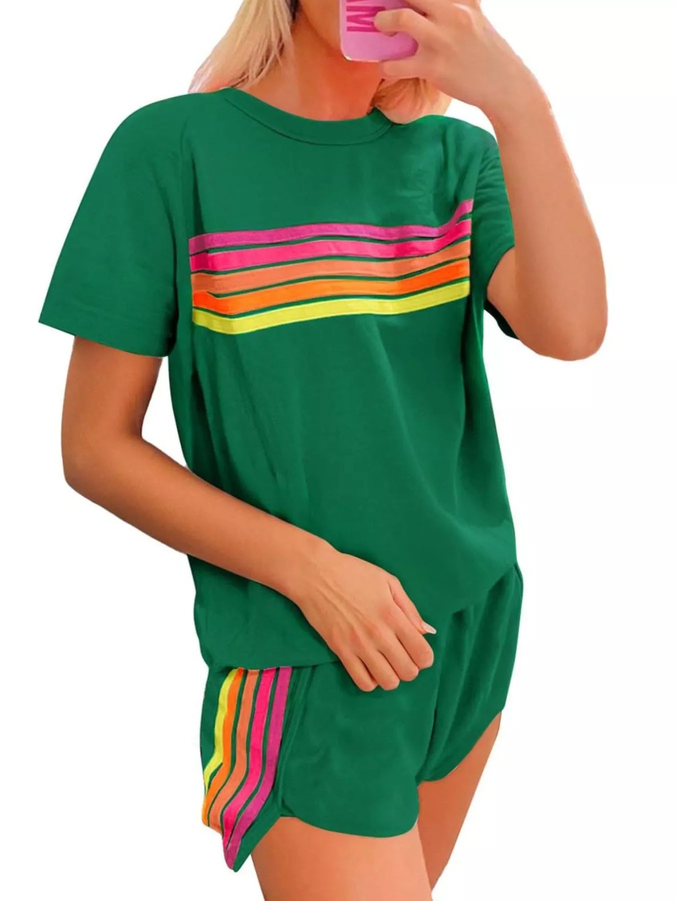 Rainbow Striped Round Neck Top and Shorts Set - Salt & Stone