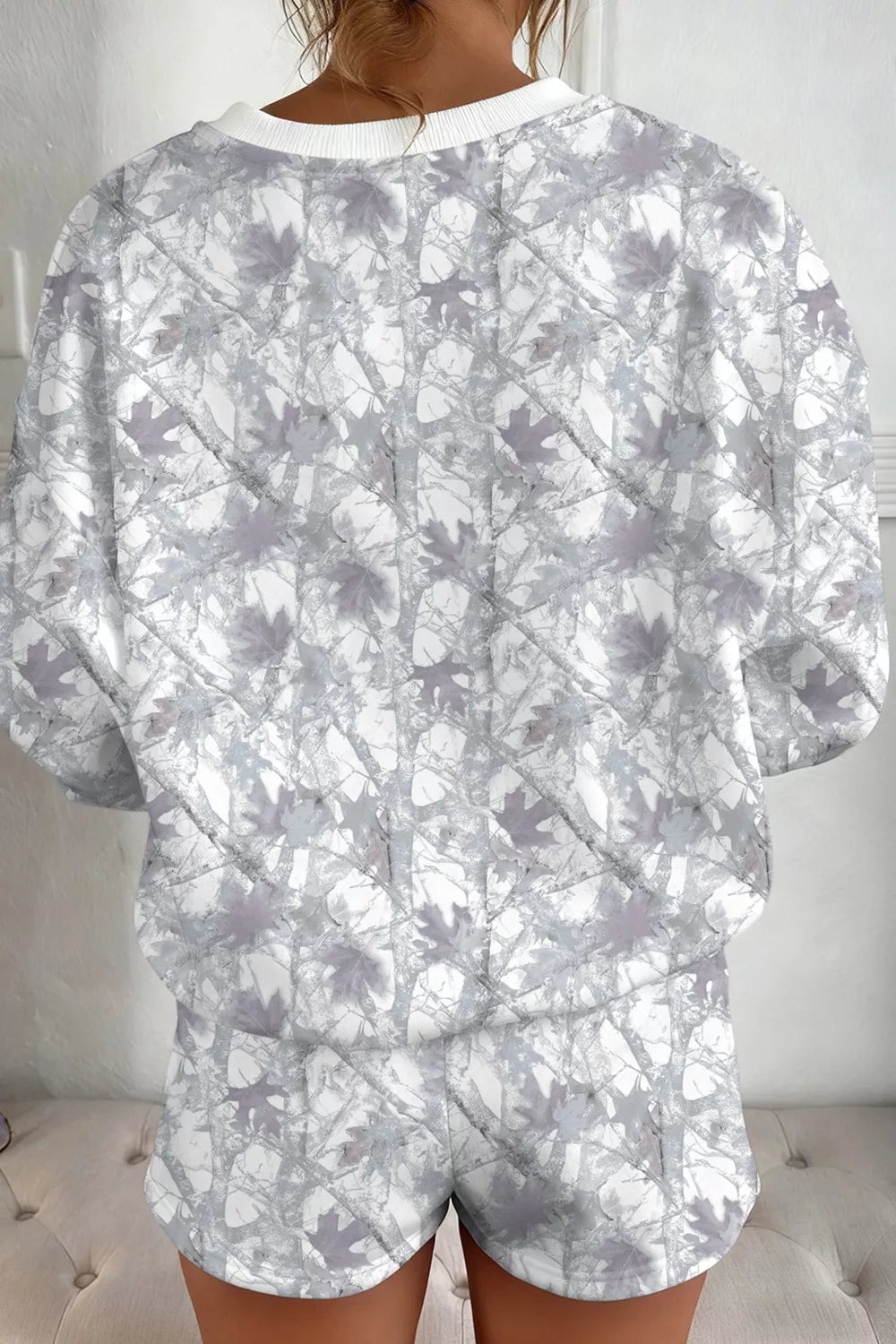 Abstract Woodland Camo Print Baggy Pullover Drawstring Shorts Set - Salt & Stone