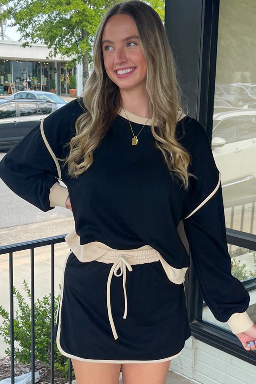 Black Color Contrast Loose Pullover and Lace - up Waist Skort Set - Salt & Stone