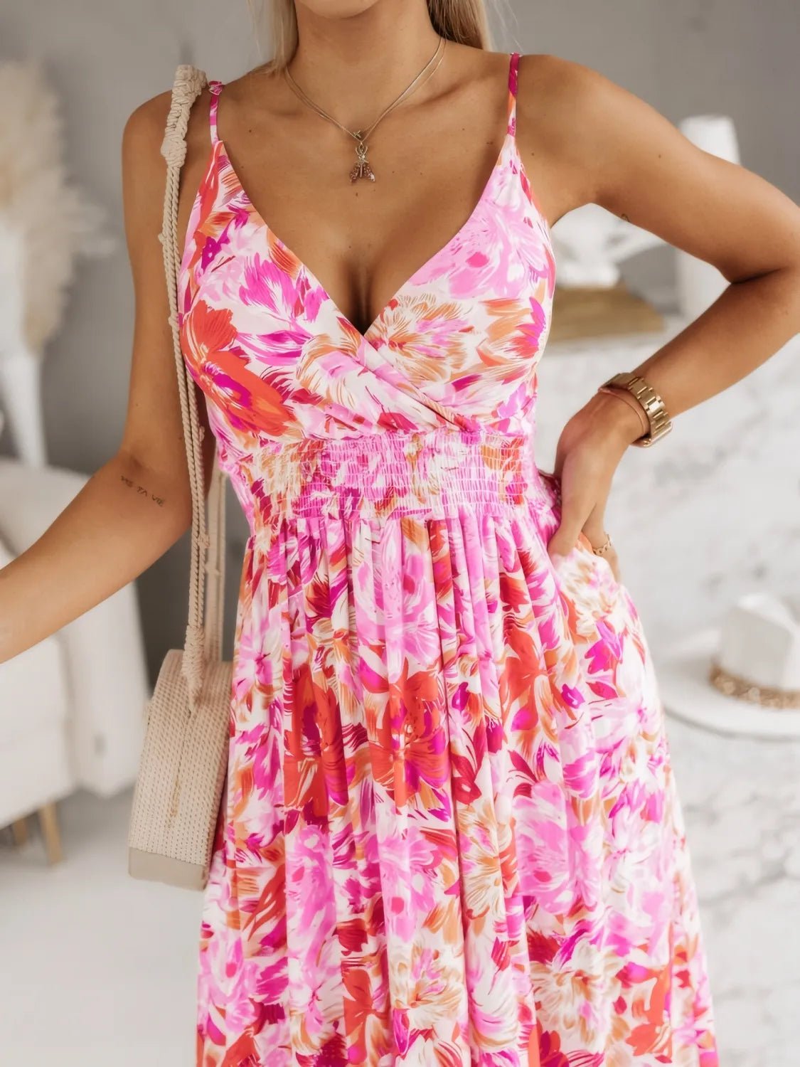 Smocked Printed Surplice Maxi Cami Dress - Salt & Stone