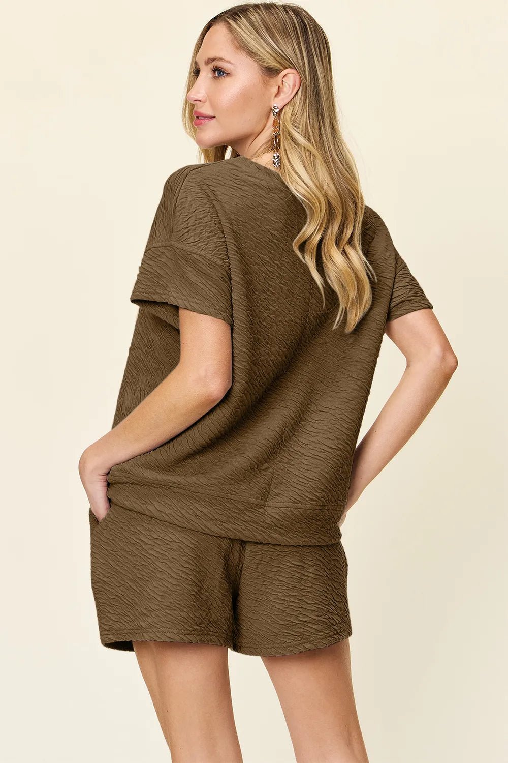 Double Take Full Size Texture Short Sleeve T-Shirt and Drawstring Shorts Set - Salt & Stone