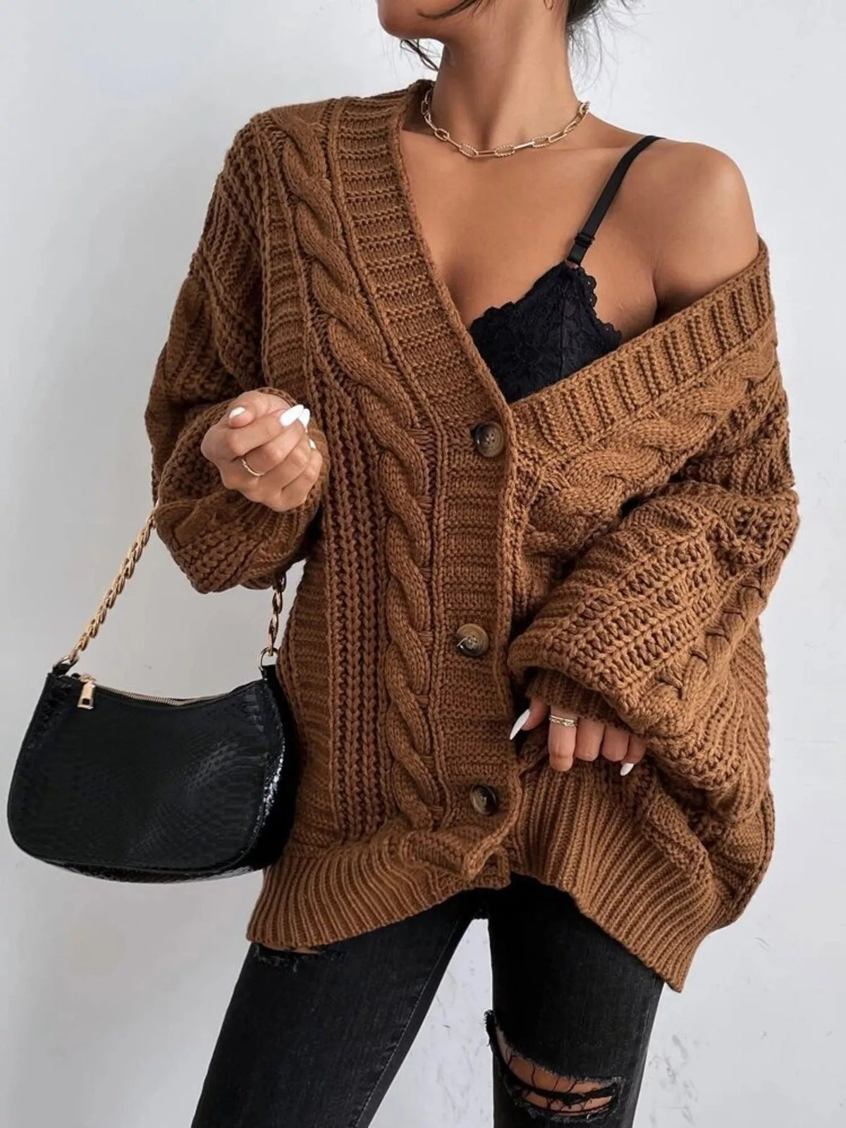 Chunky Knit Cable Knit Button-Up Cardigan - Salt & Stone