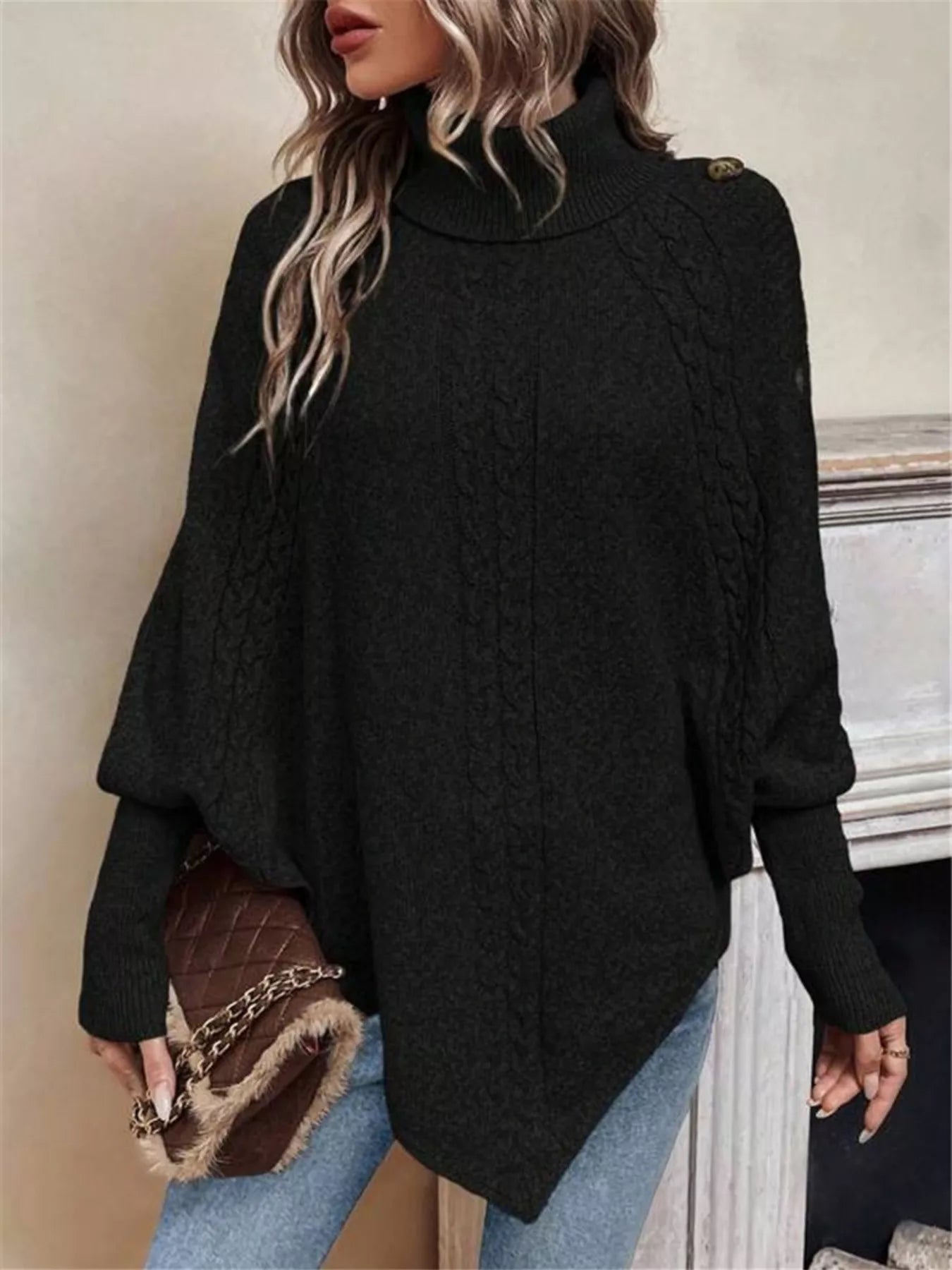 Cable Knit Turtleneck Cape Sweater - Salt & Stone