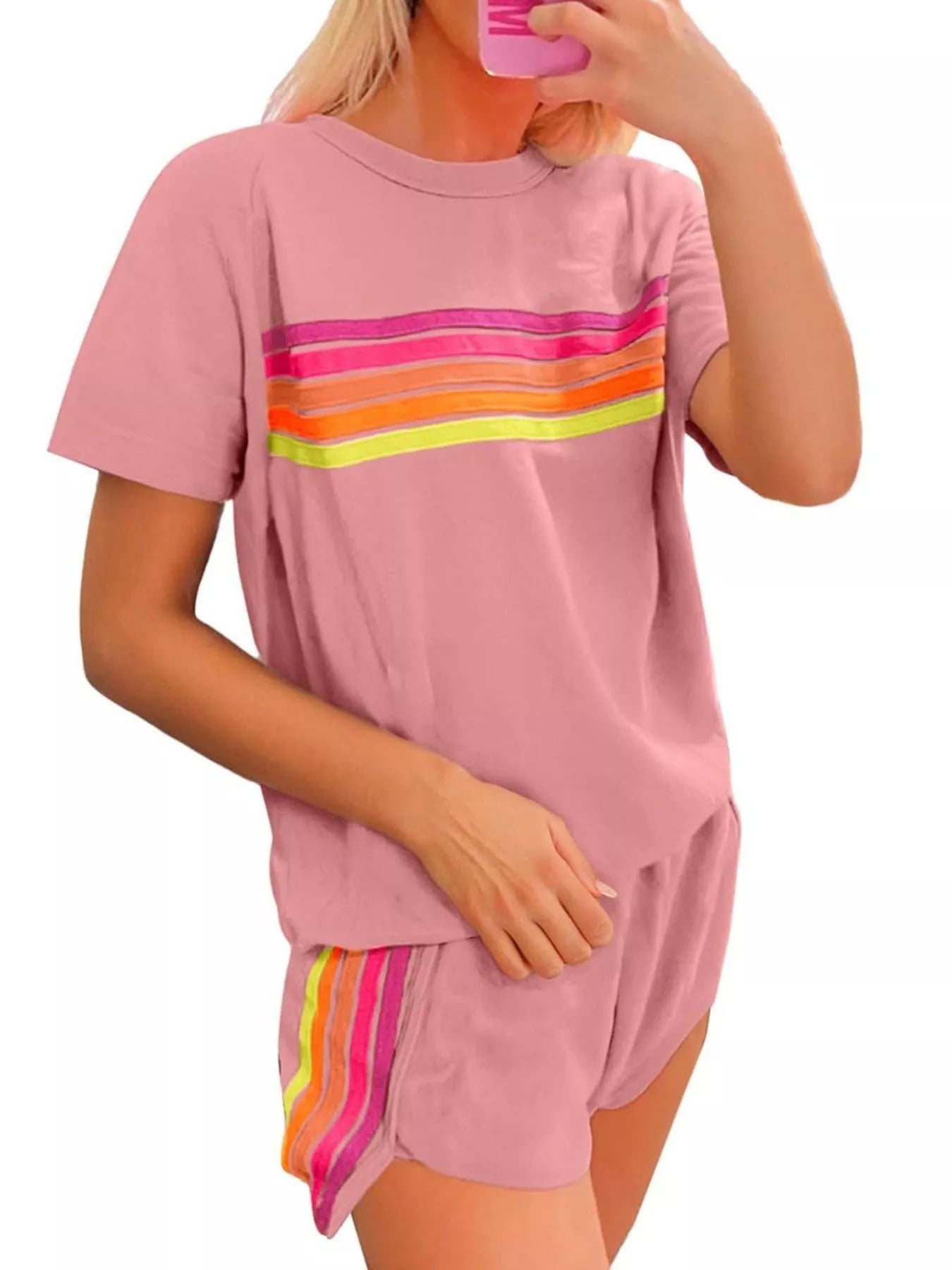 Rainbow Striped Round Neck Top and Shorts Set - Salt & Stone