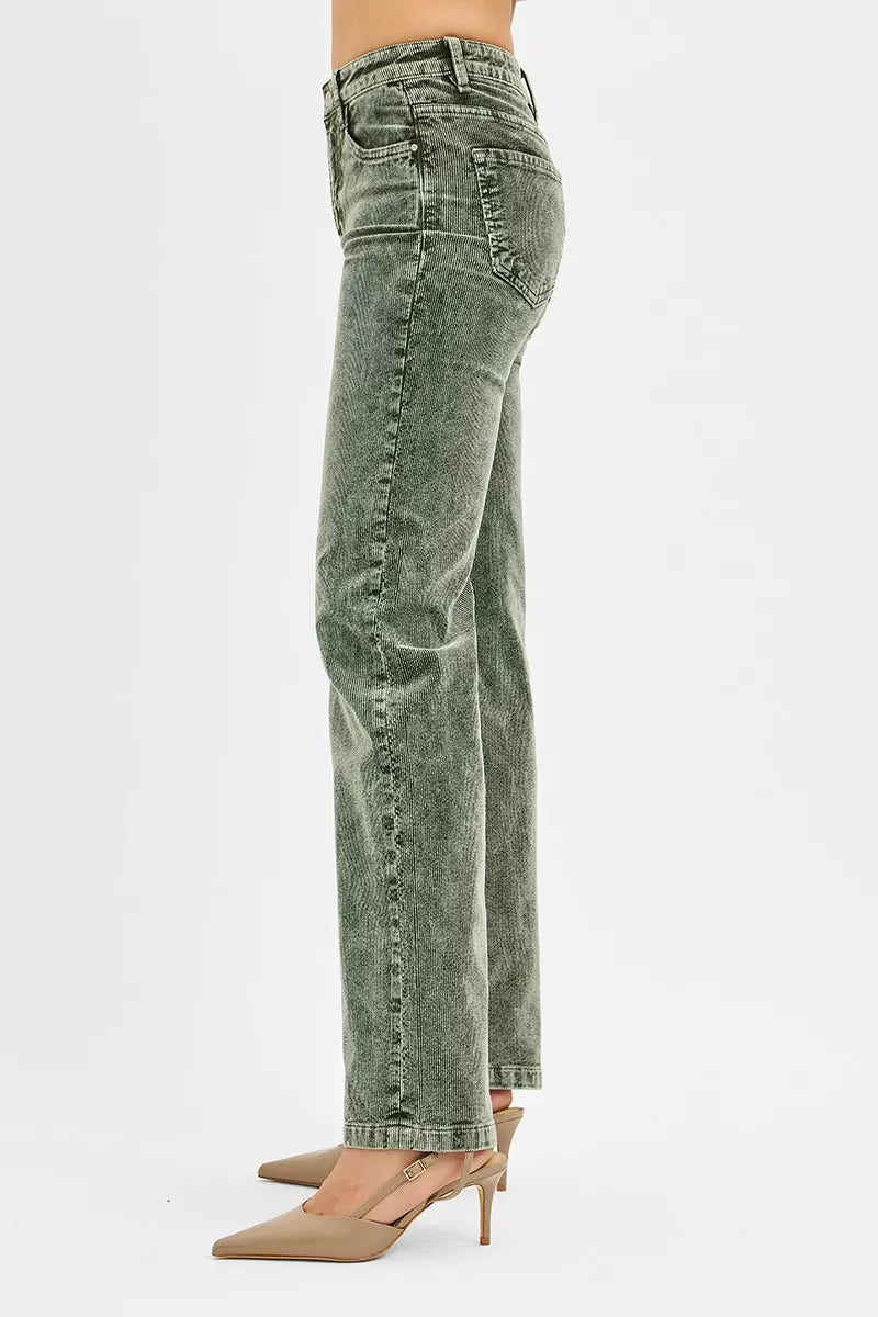 RISEN Tummy Control Mid Rise Straight Leg Corduroy Pants - Salt & Stone