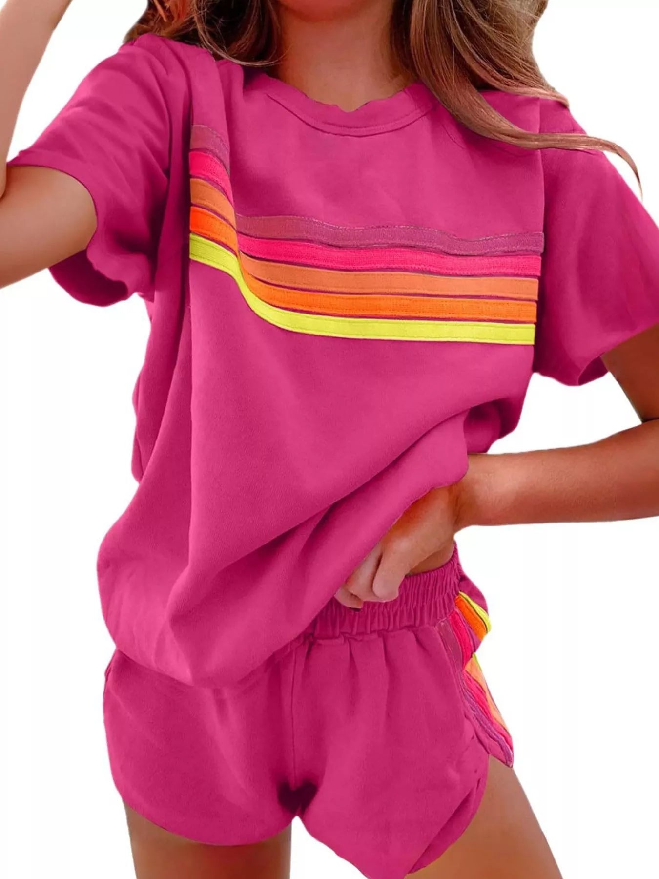 Rainbow Striped Round Neck Top and Shorts Set - Salt & Stone