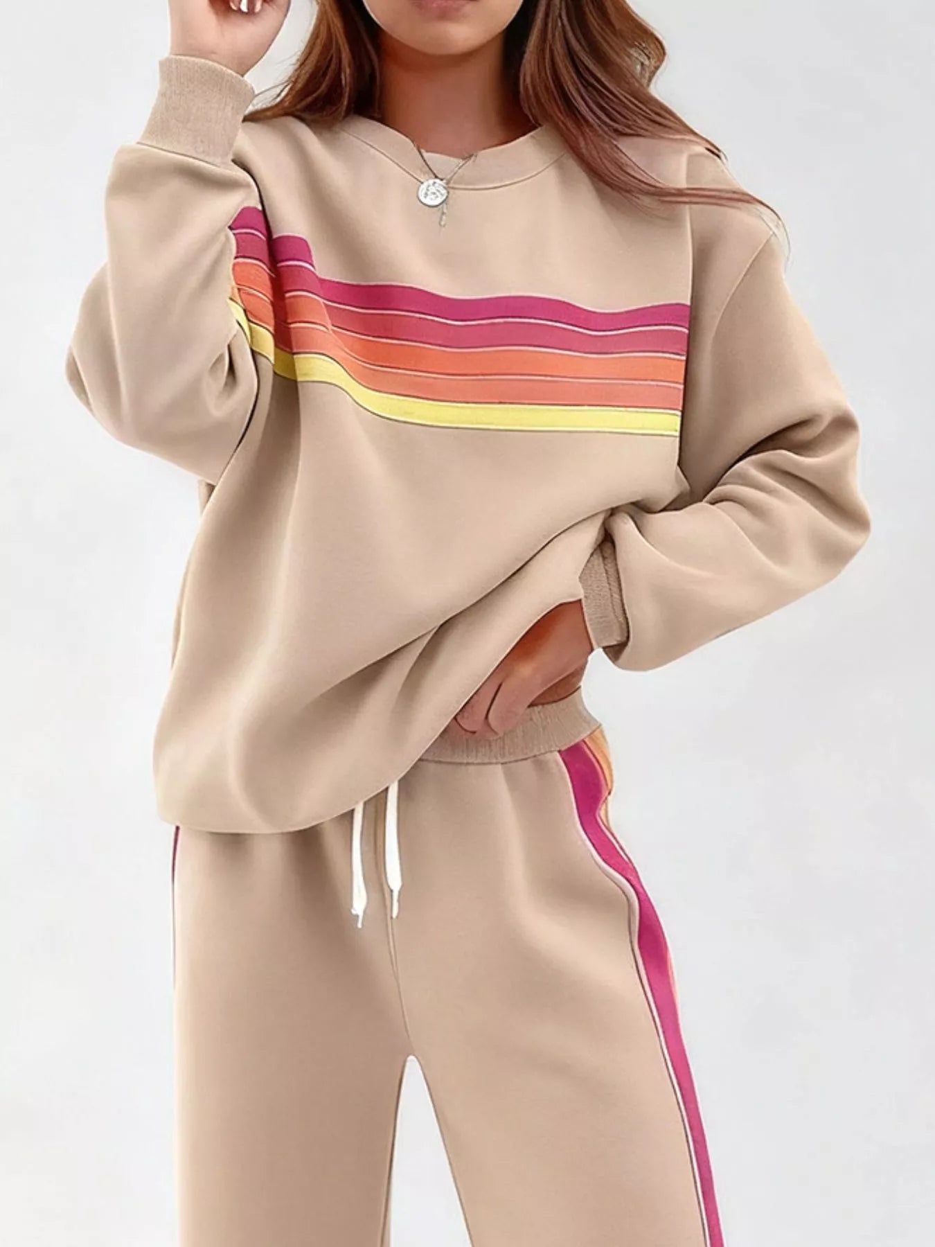 Striped Round Neck Sweatshirt and Pants Set - Salt & Stone