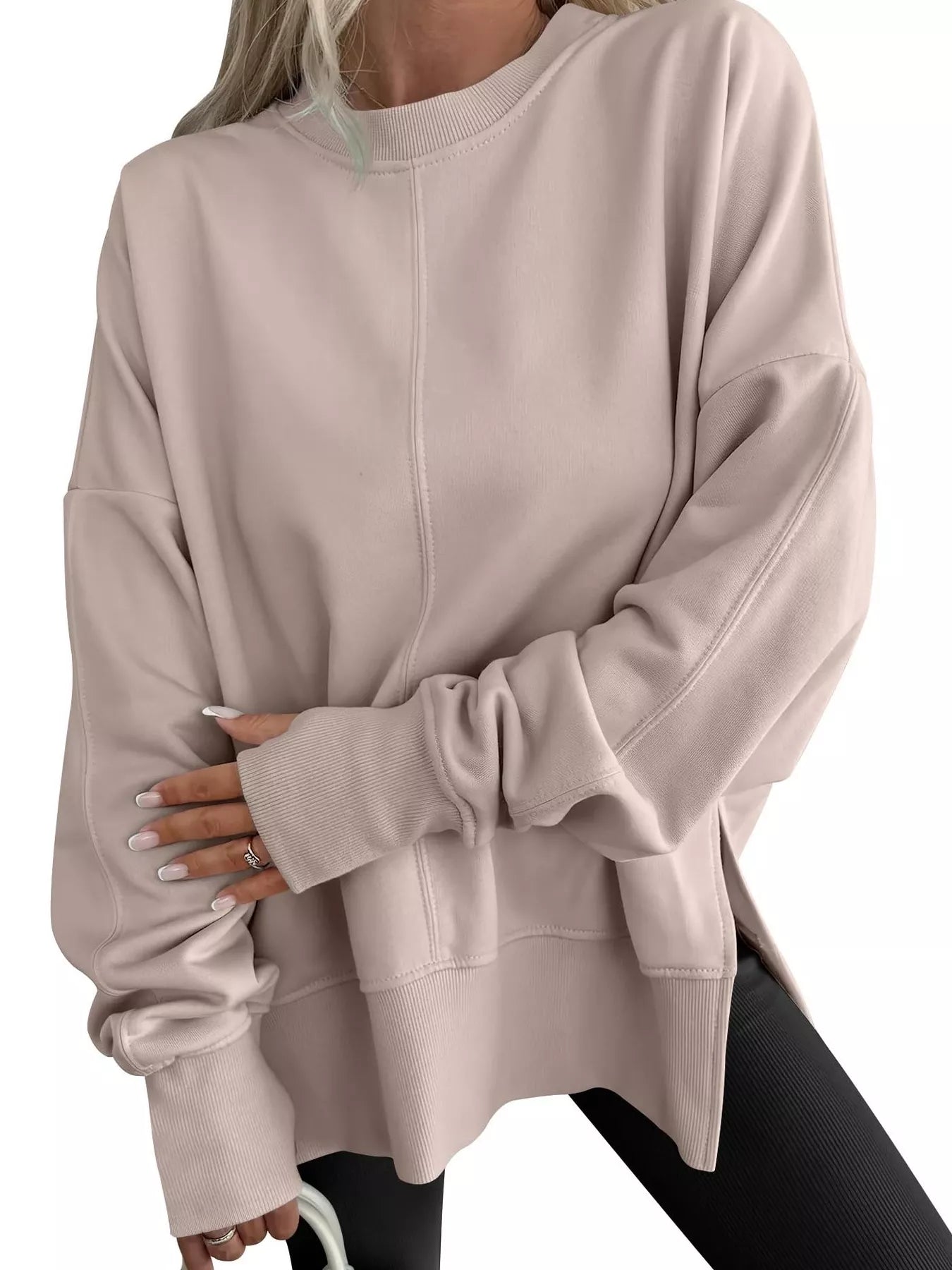 Side Slit Round Neck Long Sleeve Sweatshirt - Salt & Stone