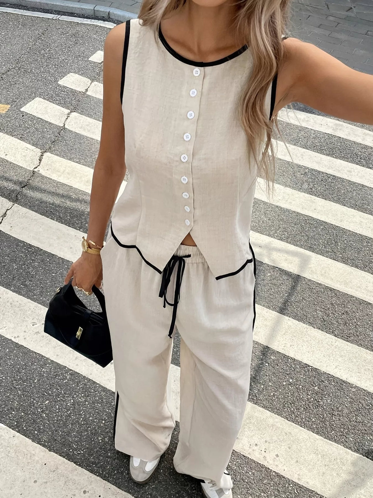 Casual Contrast Trim Tank and Wide Leg Pants Set - Salt & Stone