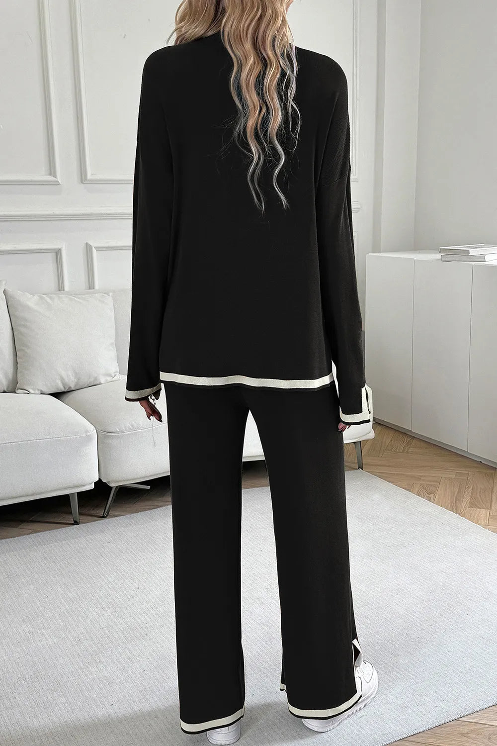 Devine Contrast Trim Round Neck Top and Pants Set - Salt & Stone