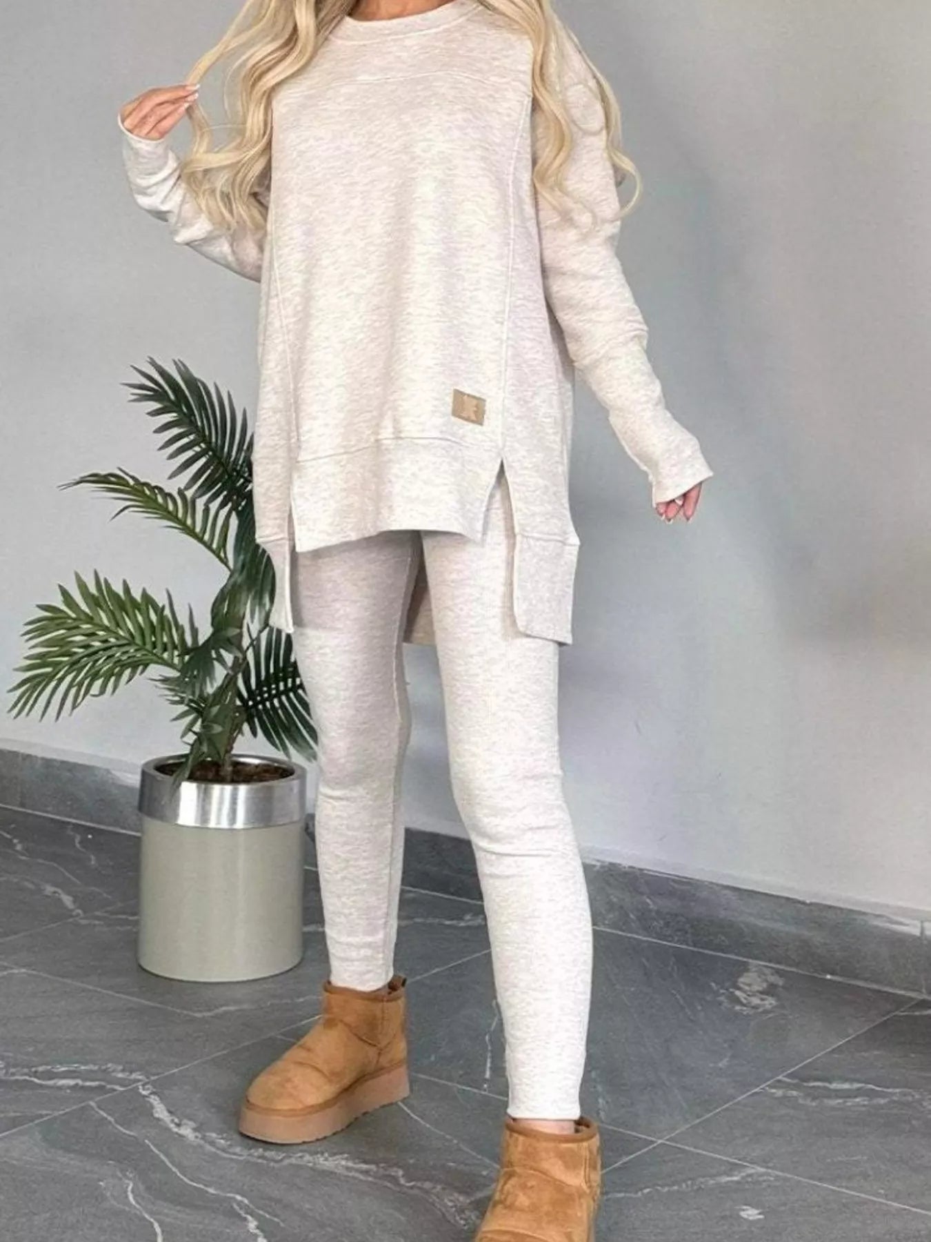 Full Size Slit Round Neck Top and Pants Set Plus Size - Salt & Stone