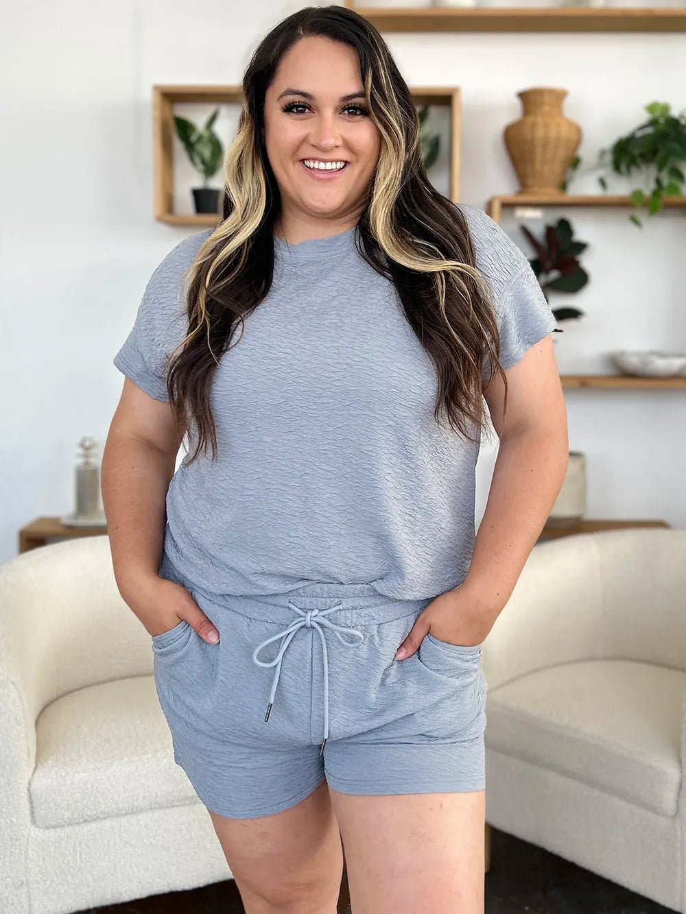 Double Take Full Size Texture Short Sleeve T-Shirt and Drawstring Shorts Set - Salt & Stone