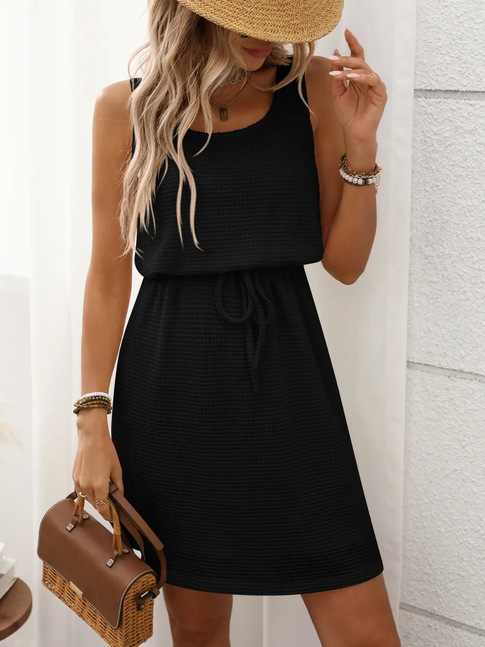 Waffle - Knit Drawstring Mini Tank Dress - Salt & Stone