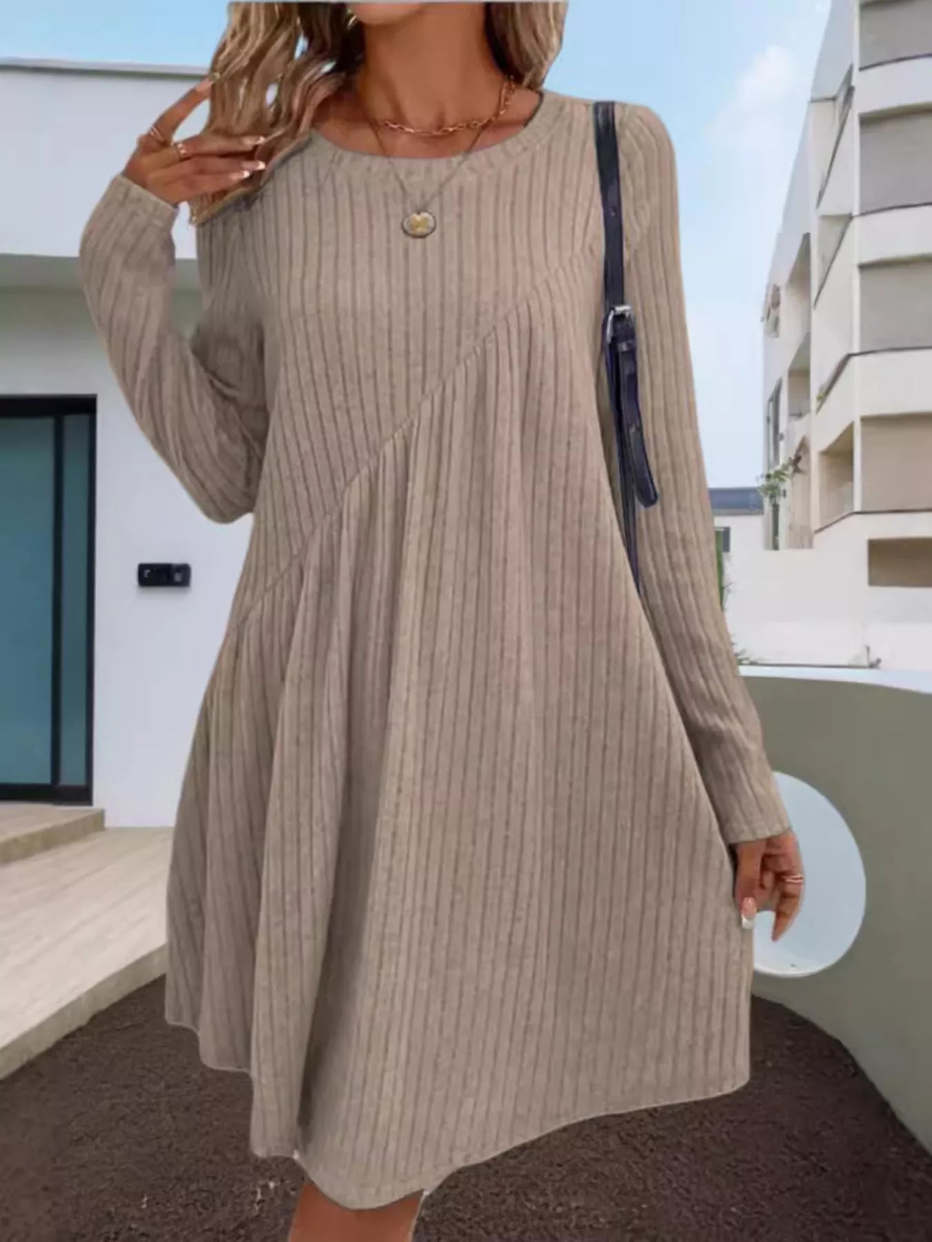 Casual Ribbed Knit Long Sleeve Swing Dress - Salt & Stone
