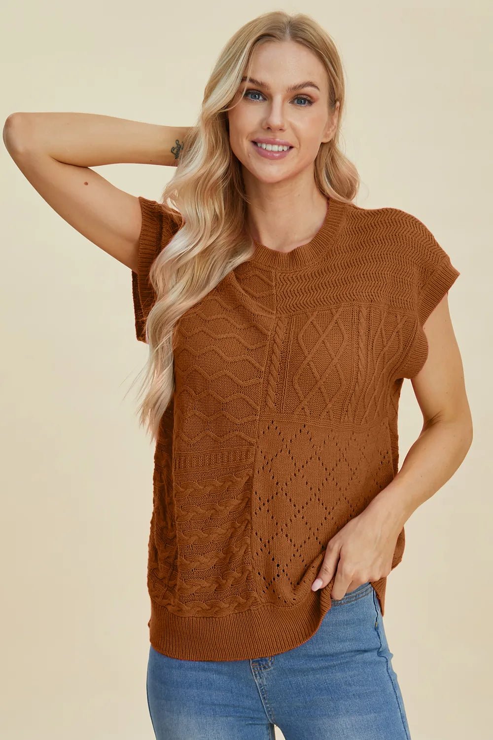 Double Take Full Size Cable - Knit Round Neck Cap Sleeve Sweater - Salt & Stone