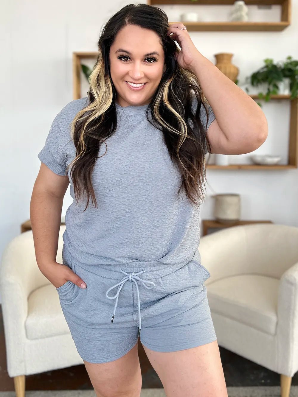 Double Take Full Size Texture Short Sleeve T-Shirt and Drawstring Shorts Set - Salt & Stone