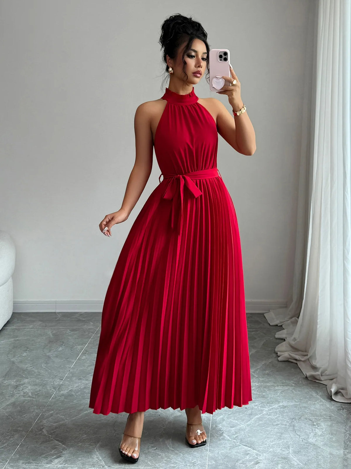 Pleated Halter Neck Tie Waist Maxi Dress - Salt & Stone