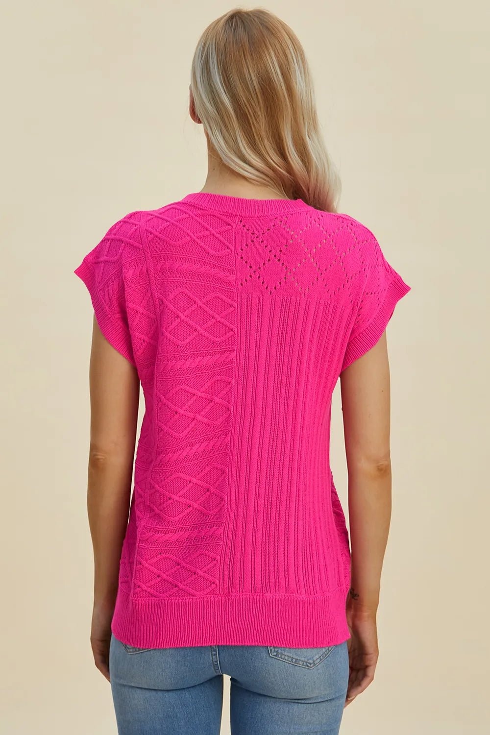 Double Take Full Size Cable - Knit Round Neck Cap Sleeve Sweater - Salt & Stone