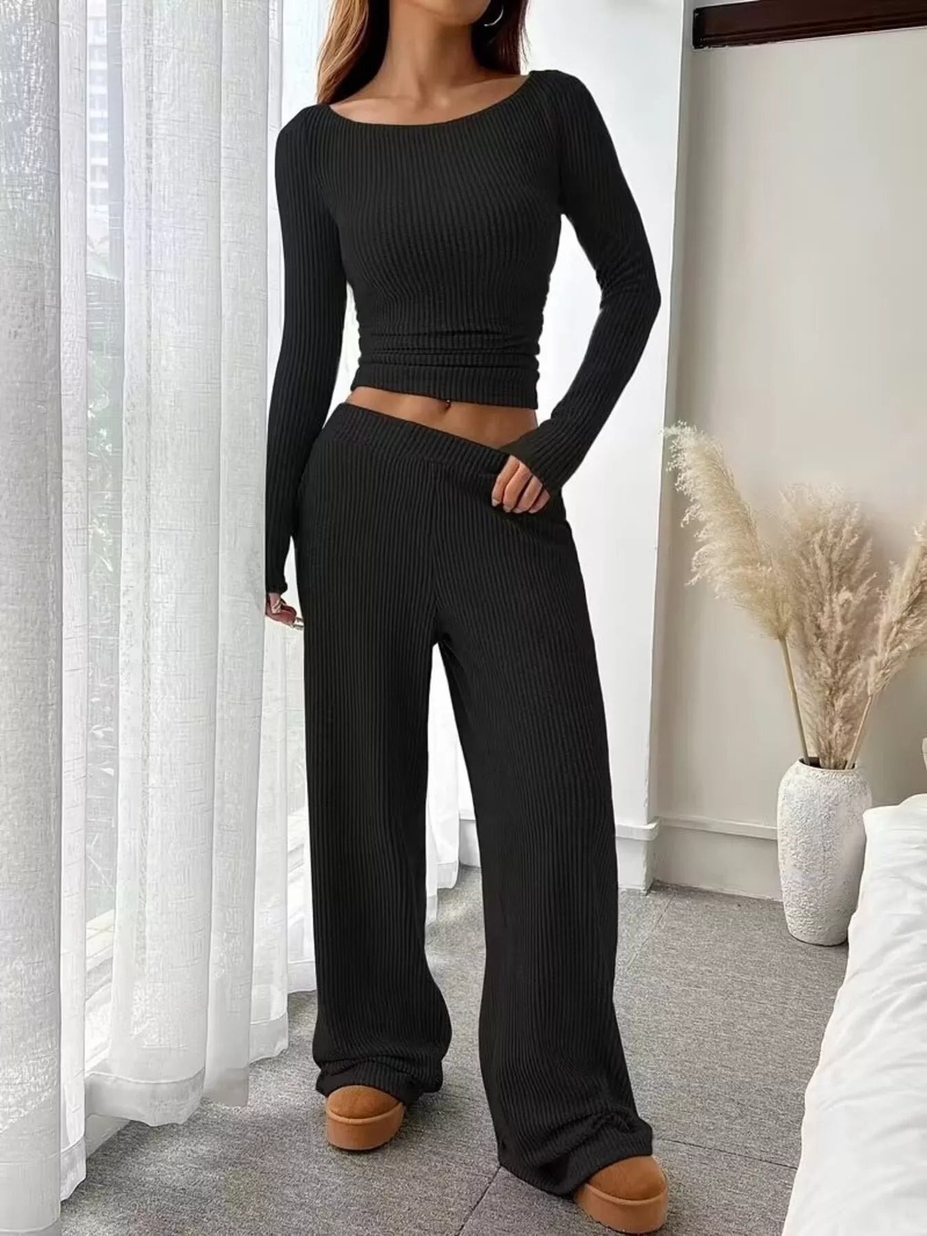 Ribbed Knit Boat Neck Top and Pants Set - Salt & Stone