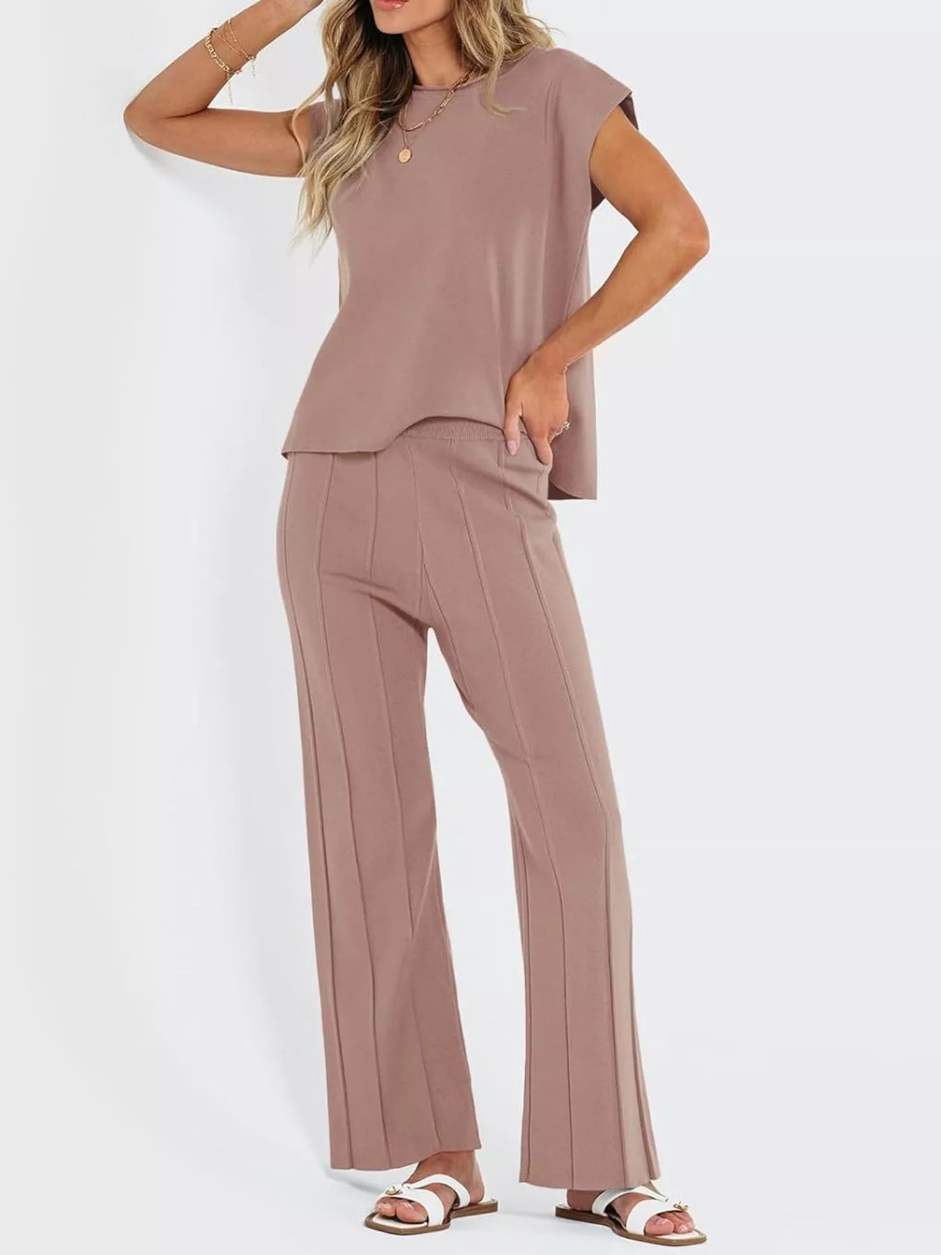 Casual Solid Color Cap Sleeve Top and Pants Knit Set - Salt & Stone