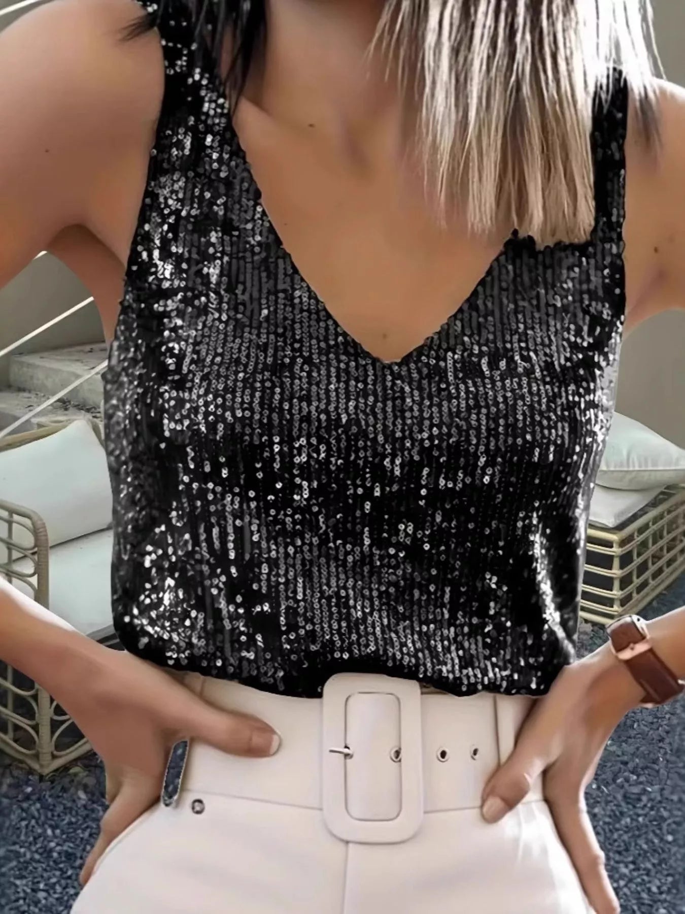 Sequin V - Neck Tank Top - Salt & Stone