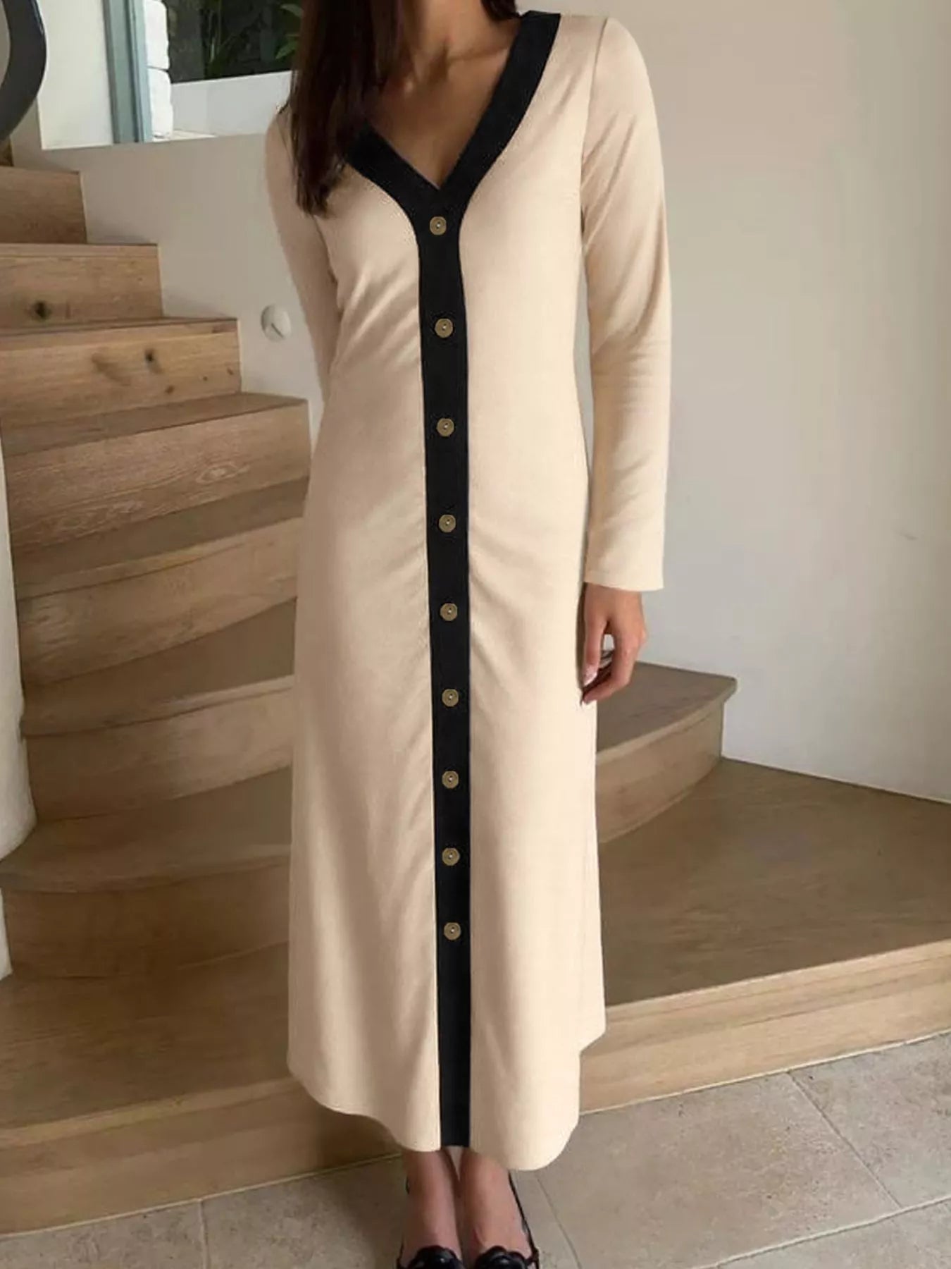 Contrast Trim Button - Down Midi Dress - Salt & Stone